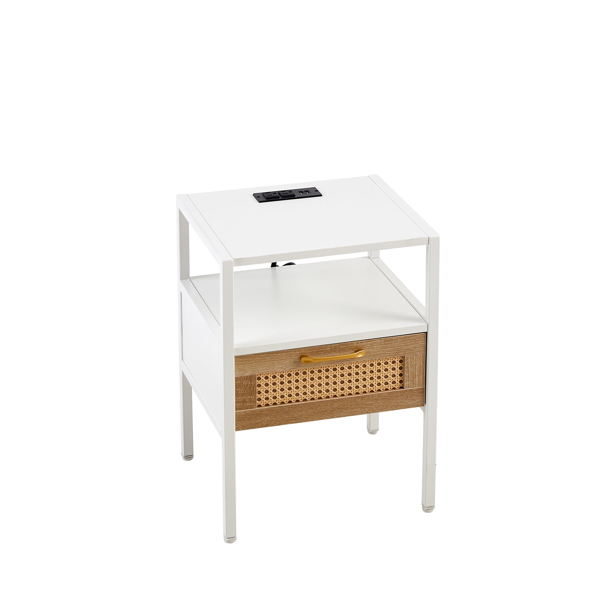 Set of 2, 15.75" Rattan End table with Power Outlet & USB Ports , Modern nightstand with drawer and metal legs, side table for living room, bedroom,white