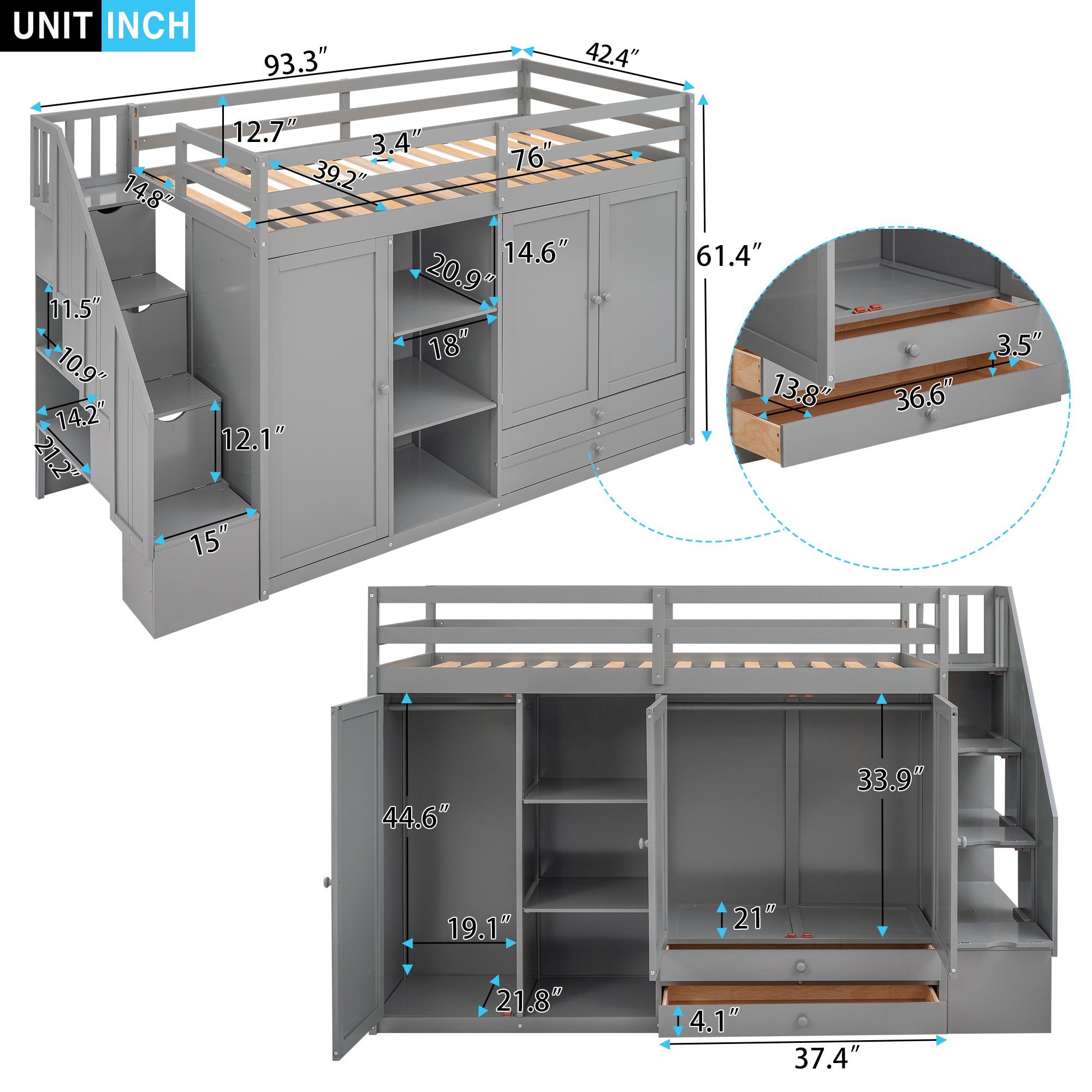 Functional Loft Bed with 3 Shelves, 2 Wardrobes and 2 Drawers,  Ladder with Storage, No Box Spring Needed, Gray