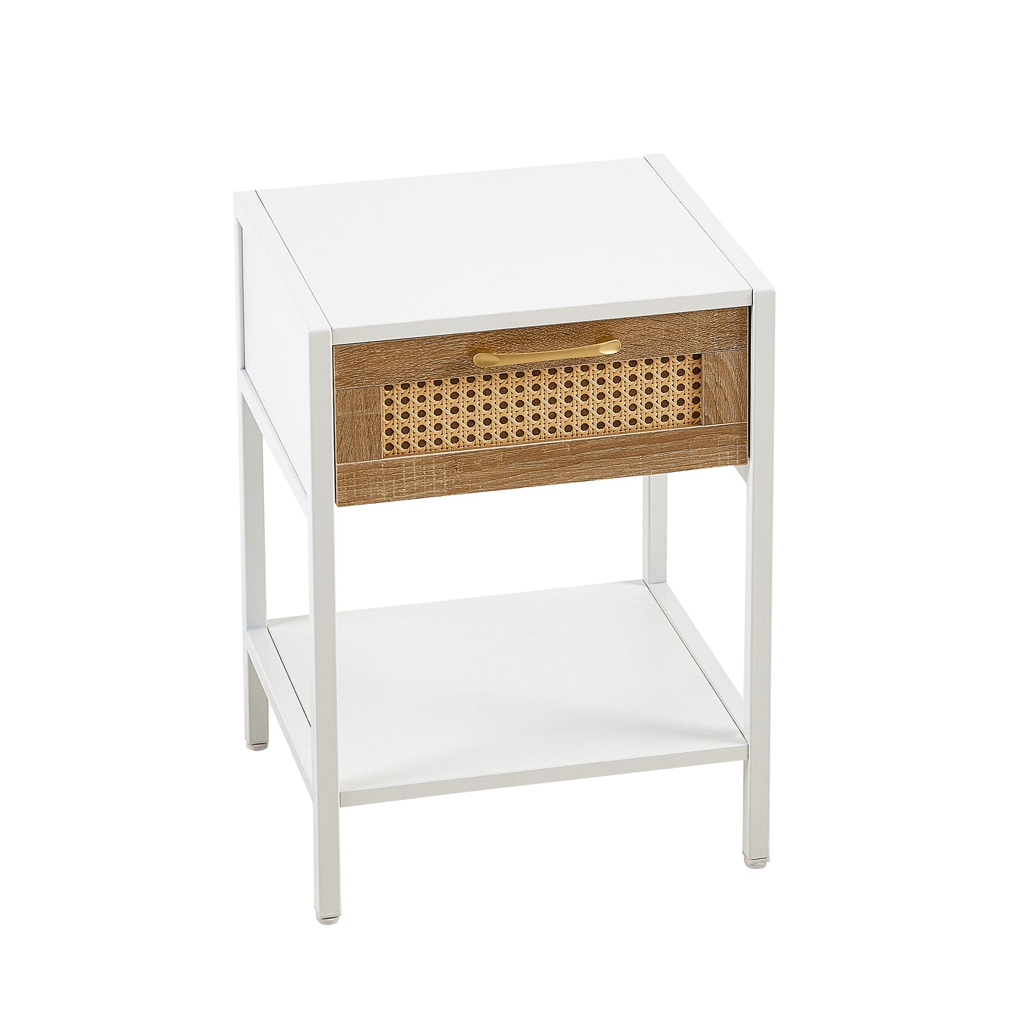 15.74" Rattan End table with  drawer, Modern nightstand, metal legs,side table for living room, bedroom,white(1 pc)