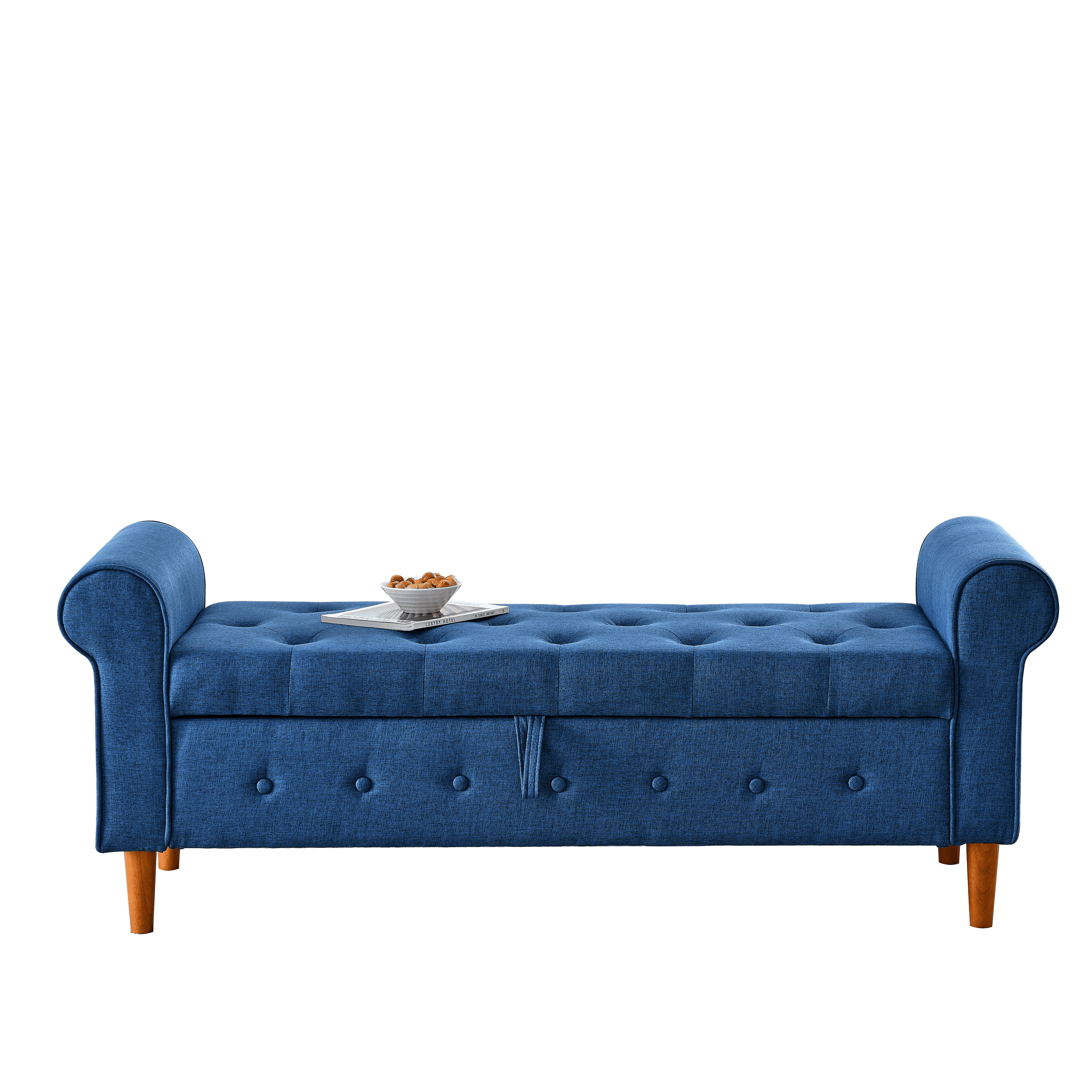 62" Bedroom Tufted Button Storage Bench, Linen Upholstered Ottoman, Window Bench, Rolled Arm Design for Bedroom, Living Room, Foyer (Blue)