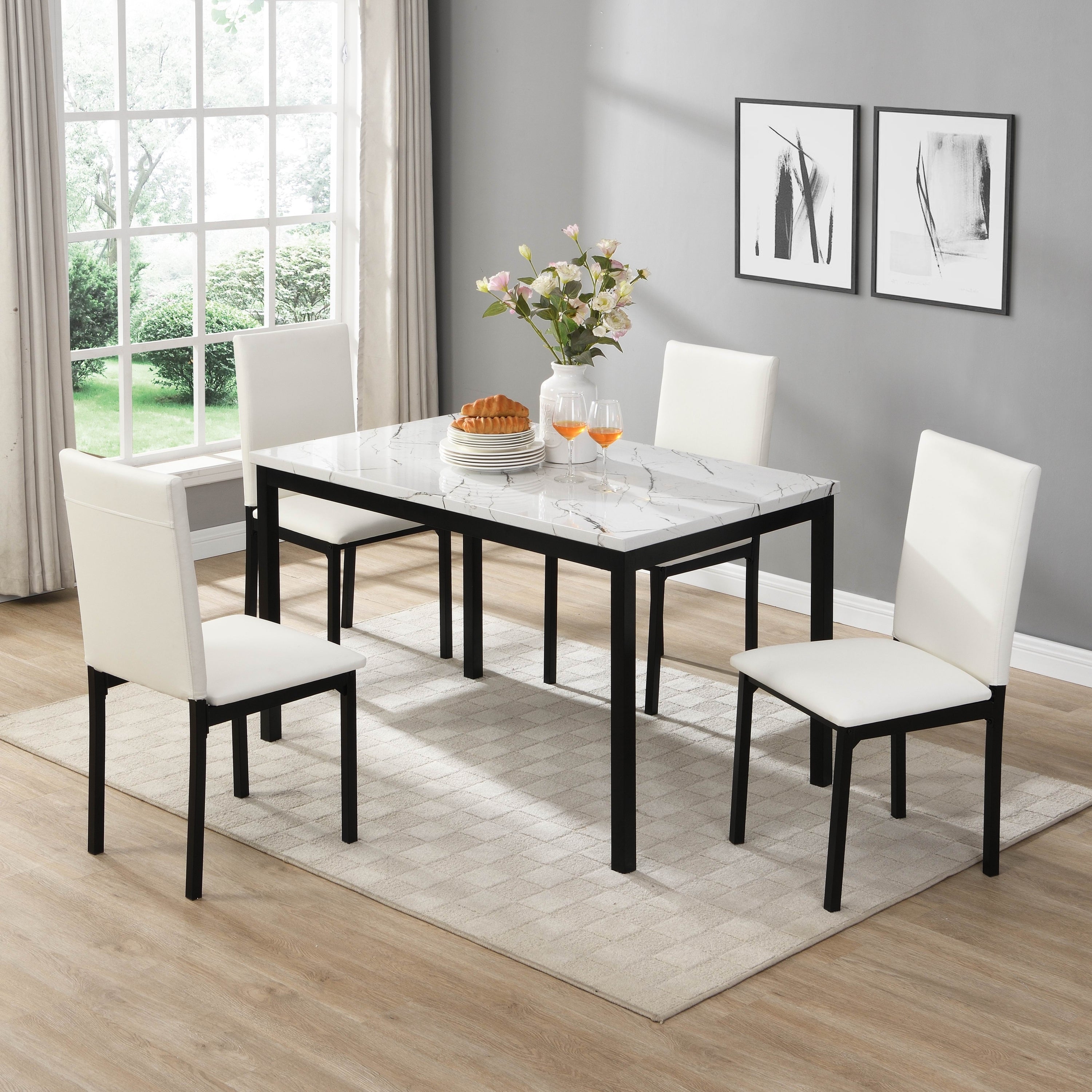 White Upholstered Side Chairs 4pc Set Black Metal Frame Casual Dining Room Furniture