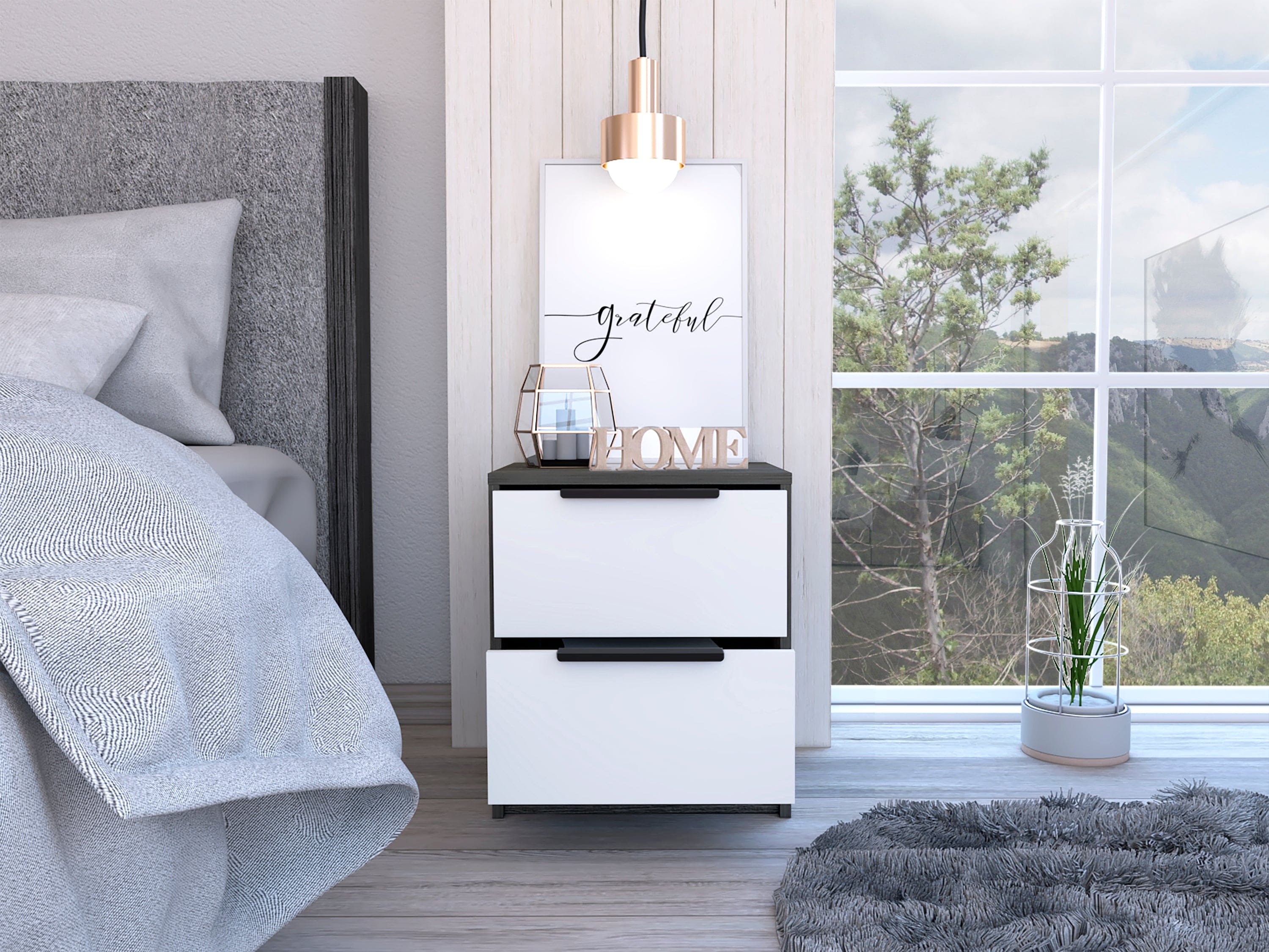 Nightstand Cervants, Two Drawers, Metal Handle, Smokey Oak / White Finish