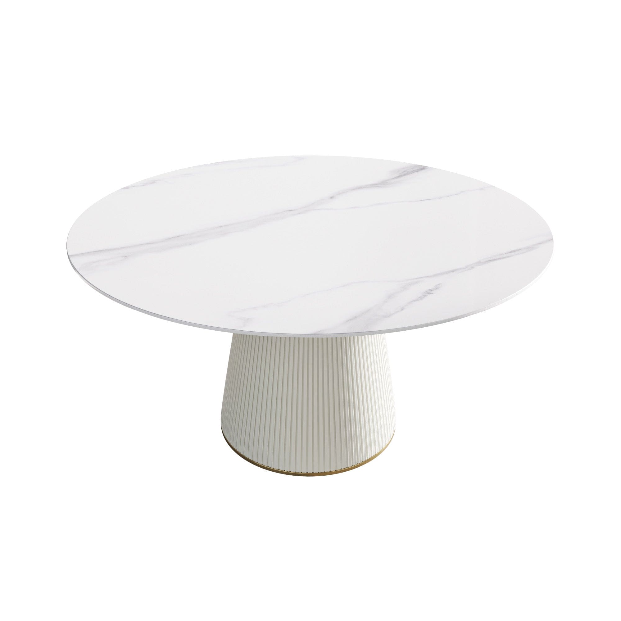 59.05 "Modern white artificial stone round beige plywood PU base dining table-can accommodate 8 people. (Not including chairs. )