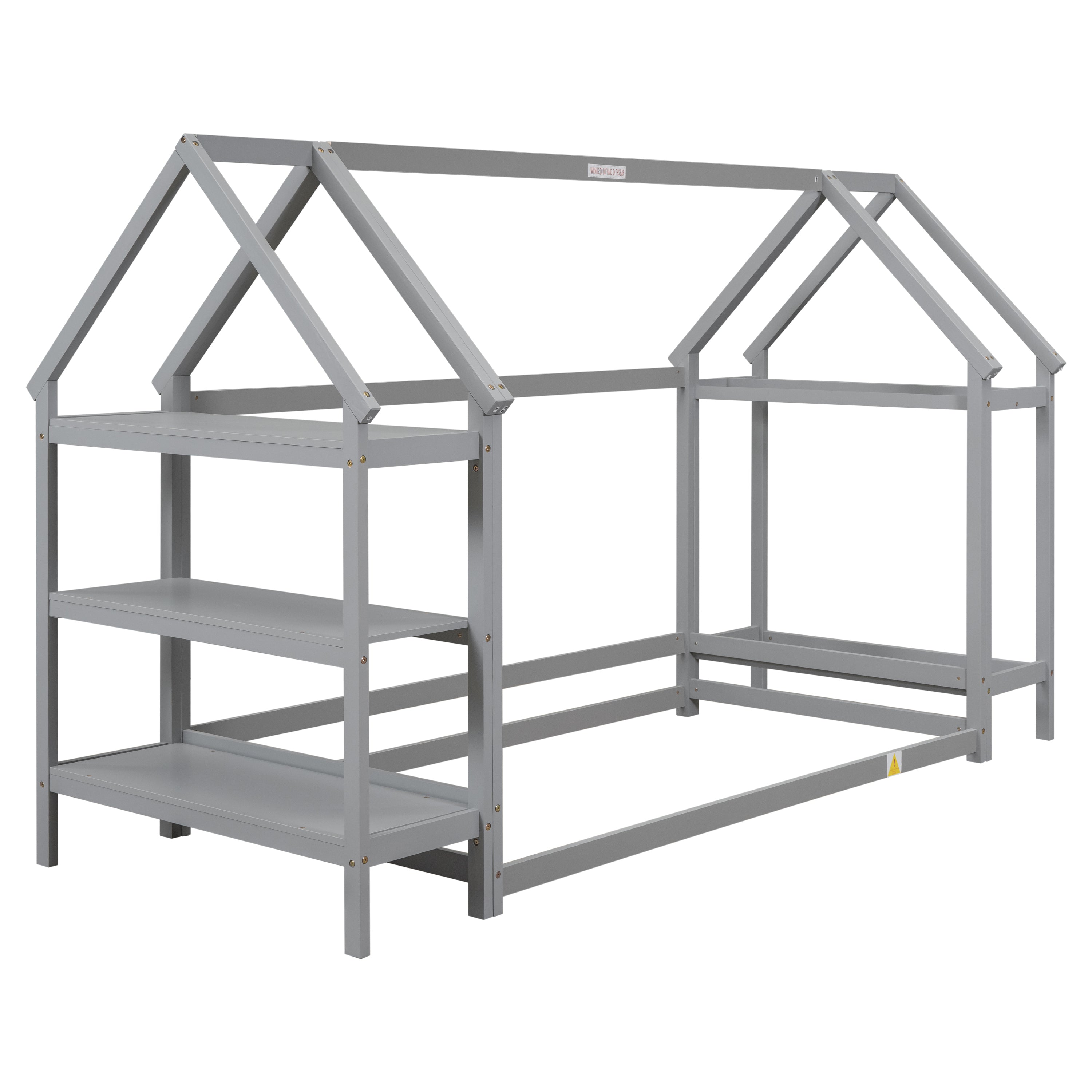 Twin House-Shaped Floor Bed with 2 Detachable Stands,Grey