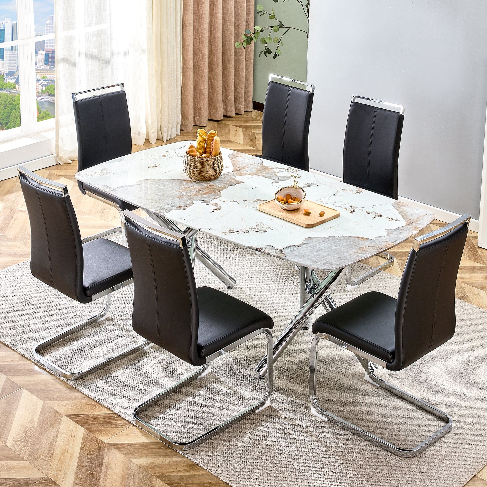 Large modern minimalist rectangular dining table suitable for 6-8 people, equipped with a 0.39 "imitation marble tabletop and metal legs,for Kitchen Dining Living Meeting Room Banquet hall,71"x 40"x30