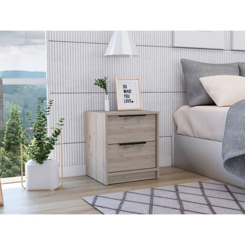 Nightstand Cervants, Two Drawers, Metal Handle, Light Gray Finish