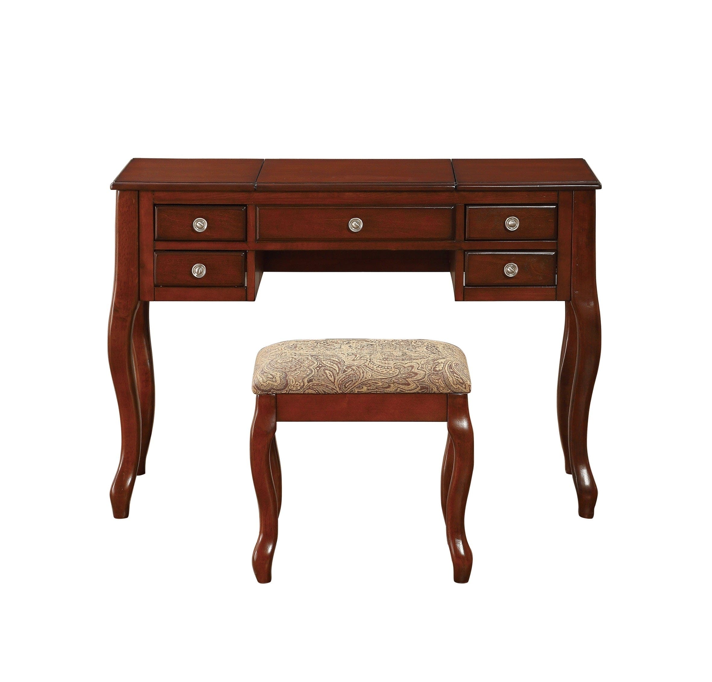 Classic 1pc Vanity Set w Stool Cherry Color Drawers Open-up Mirror Bedroom Furniture Unique Legs Cushion Seat Stool Vanity