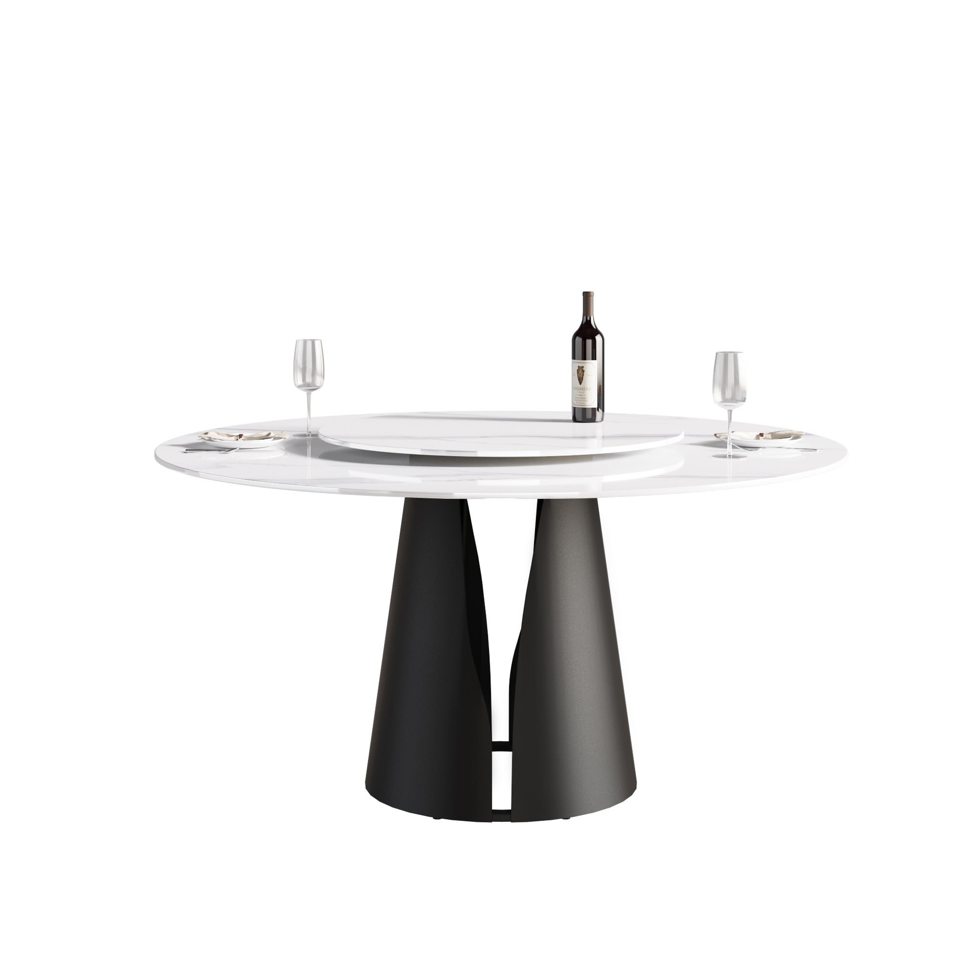 59.05"Modern artificial stone round black carbon steel base dining table-can accommodate 6 people-31.5"white artificial stone turntable