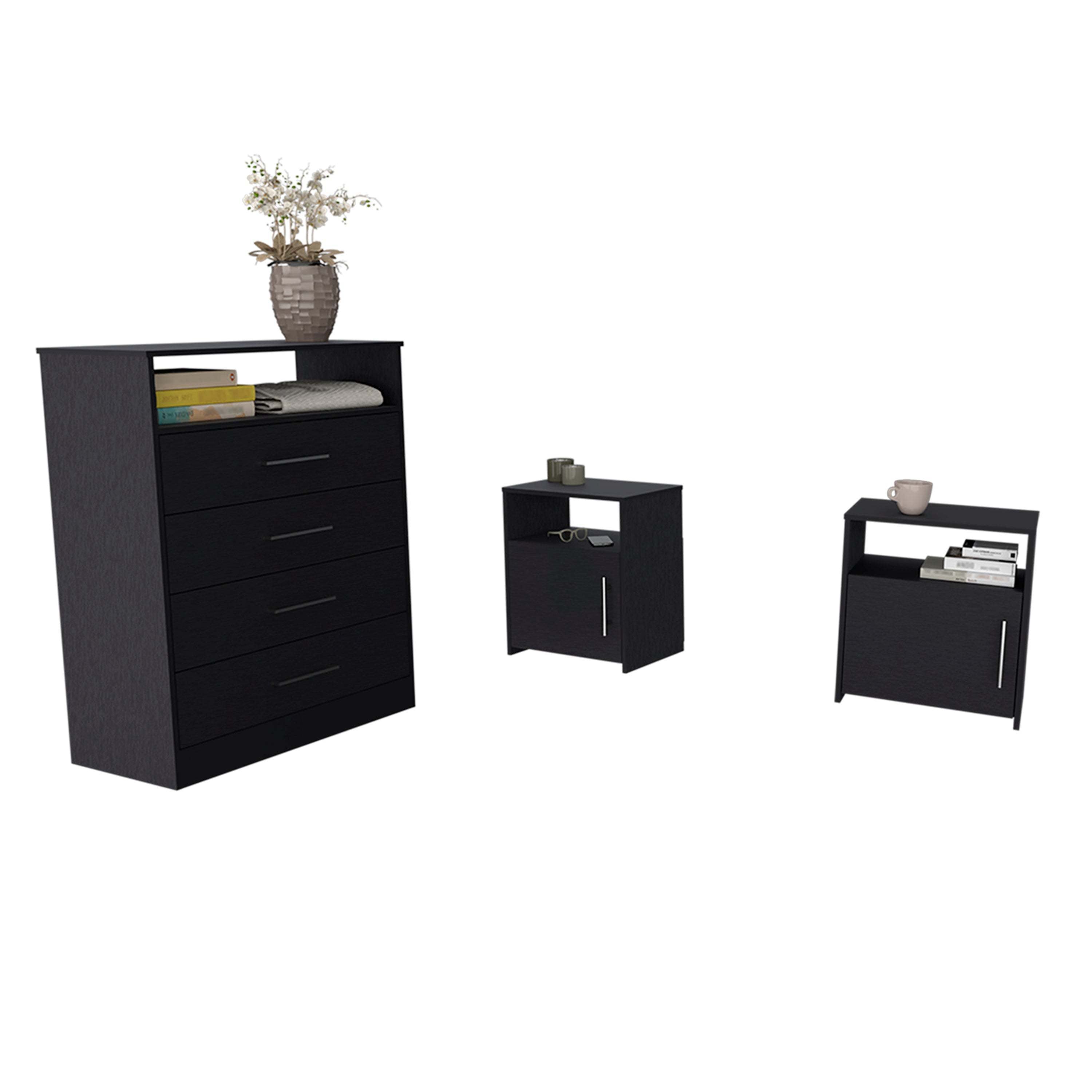 Omaha 3 Piece Bedroom Set, Kairo Dresser + Omaha Nightstand + Omaha Nightstand, Black