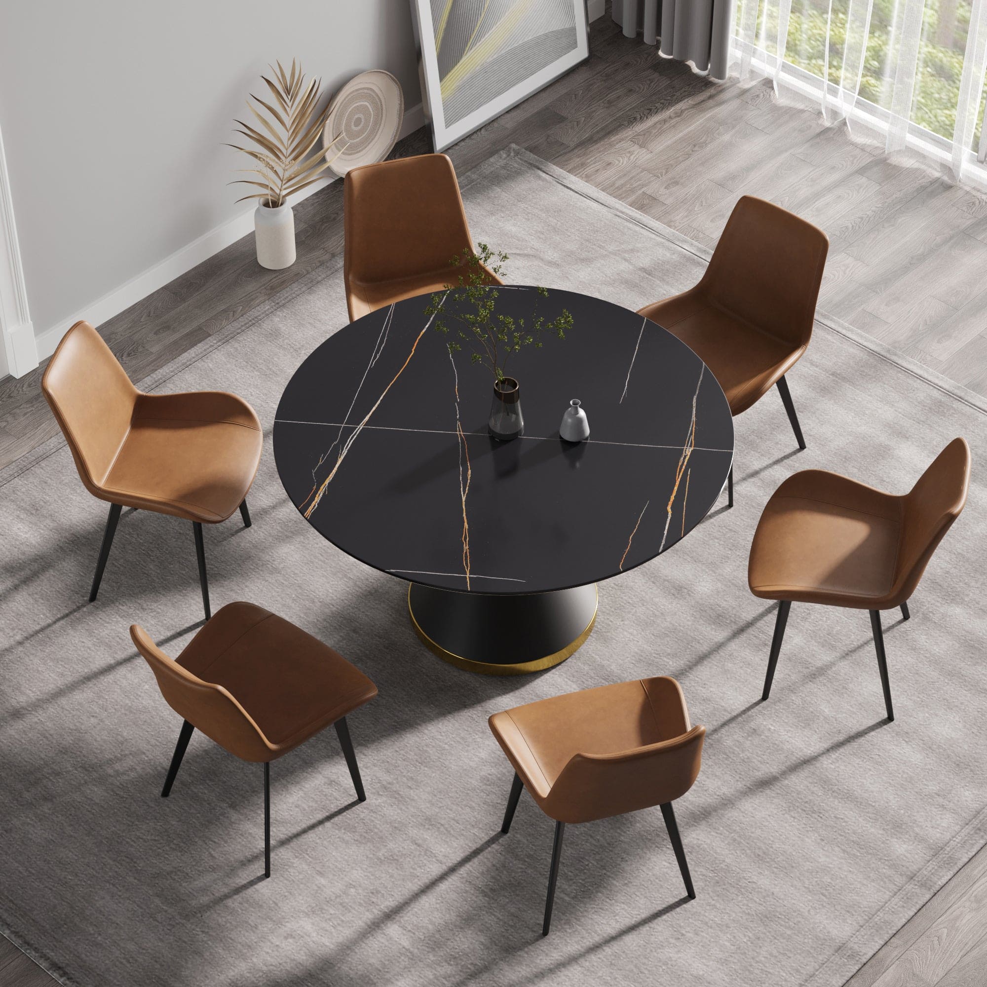 53.15"Modern artificial stone round black carbon steel base dining table-can accommodate 6 people