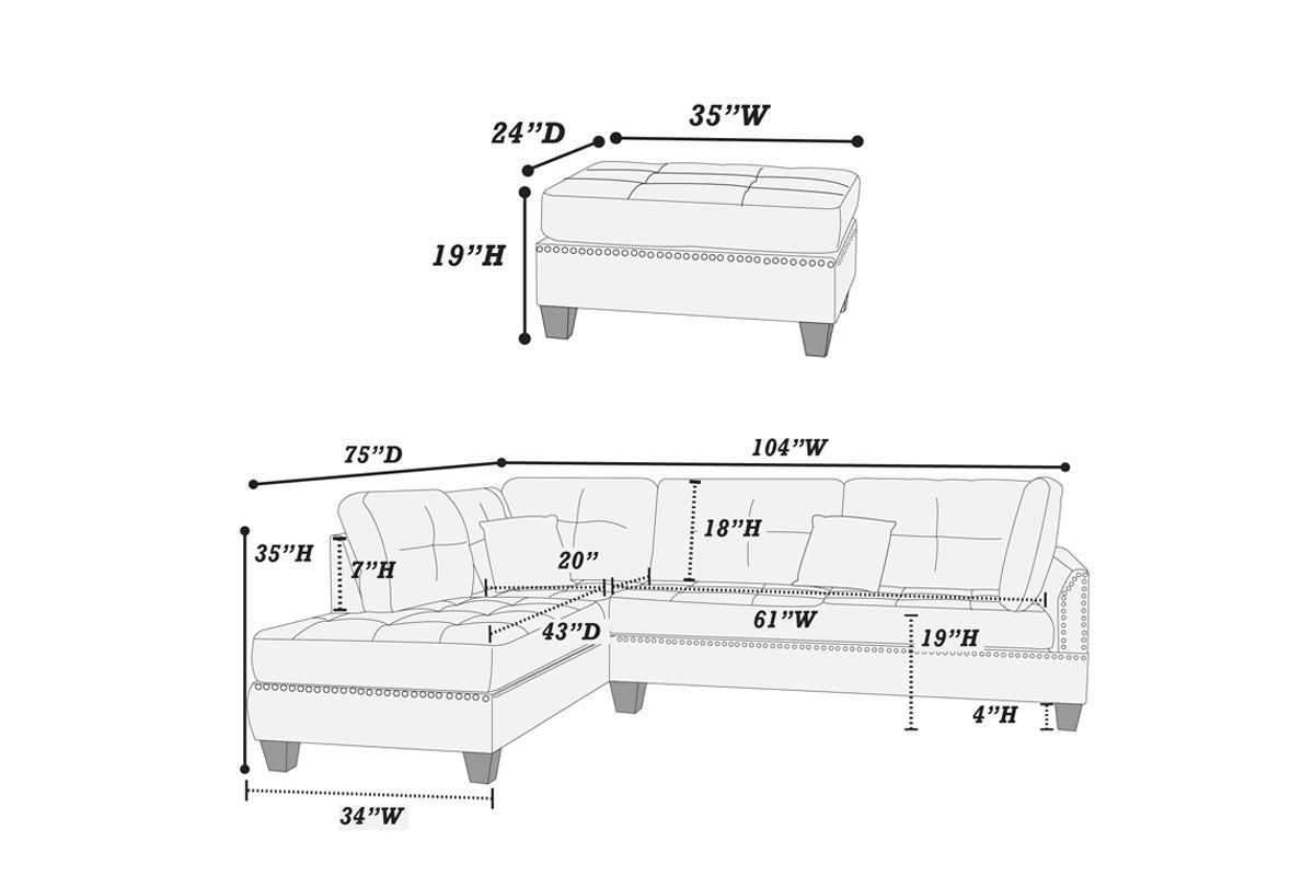 3-pcs Sectional Sofa Espresso Bonded Leather Cushion Sofa Chaise Ottoman Reversible Couch Pillows