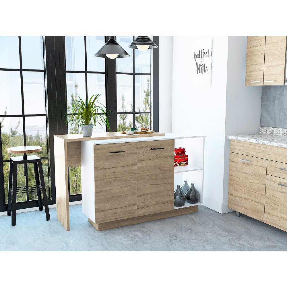 Sicilia Kitchen Island, Two  External Shelves, Double Door Cabinets, Three Shelves -White / Light Oak