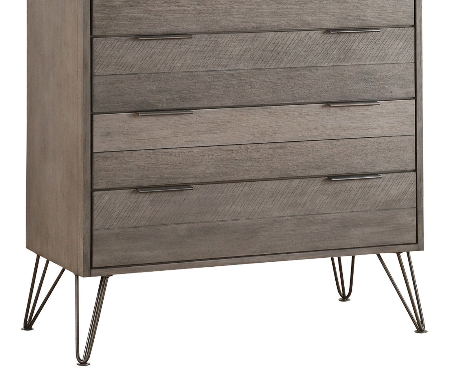 Contemporary Three-Tone Gray Finish Chest of Drawers Perched atop Metal Legs Acacia Veneer Modern Bedroom Furniture