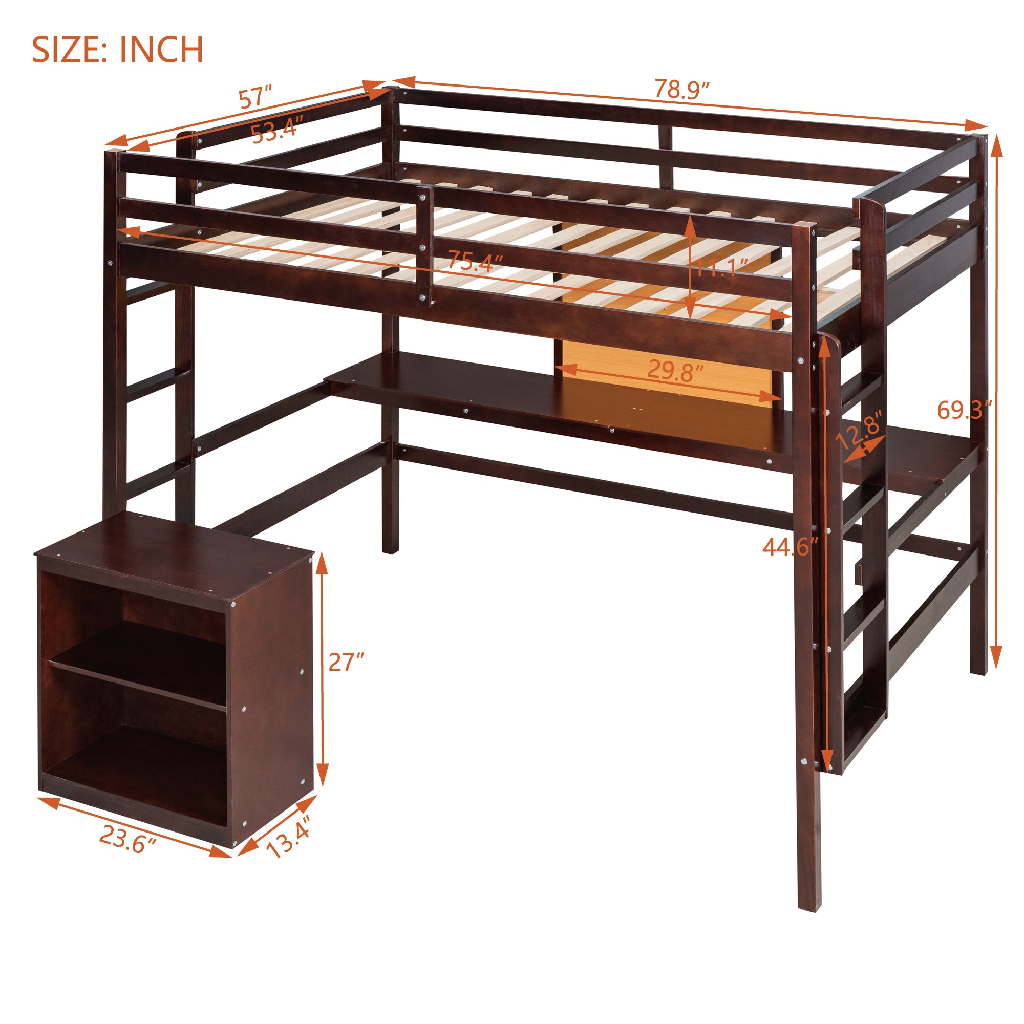 Full size Loft Bed with Desk and Writing Board, Wooden Loft Bed with Desk & 2 Drawers Cabinet- Espresso