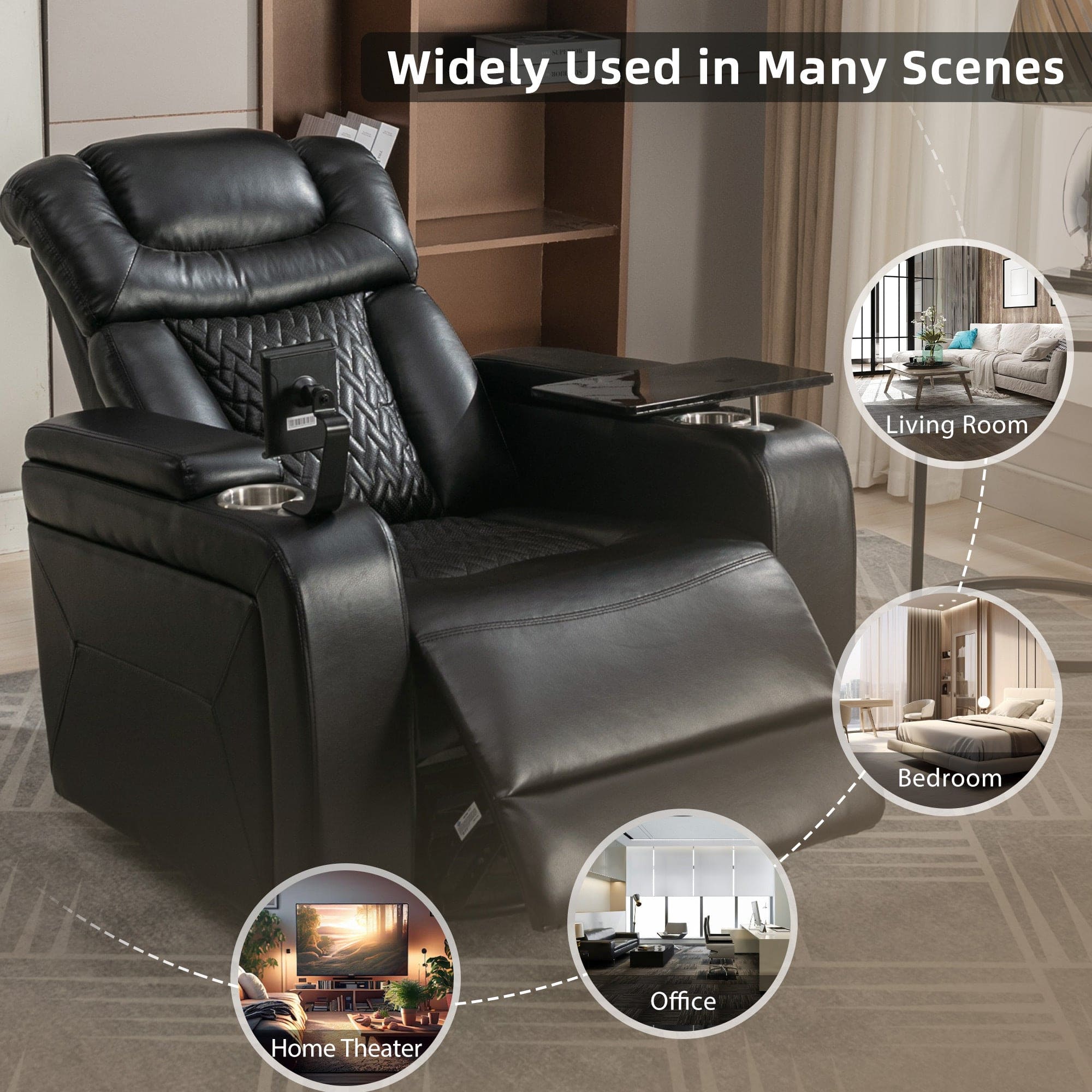 270 Degree Swivel PU Leather Power Recliner Individual Seat Home Theater Recliner with  Comforable Backrest, Tray Table,  Phone Holder, Cup Holder,  USB Port, Hidden Arm Storage for Living Room, Black