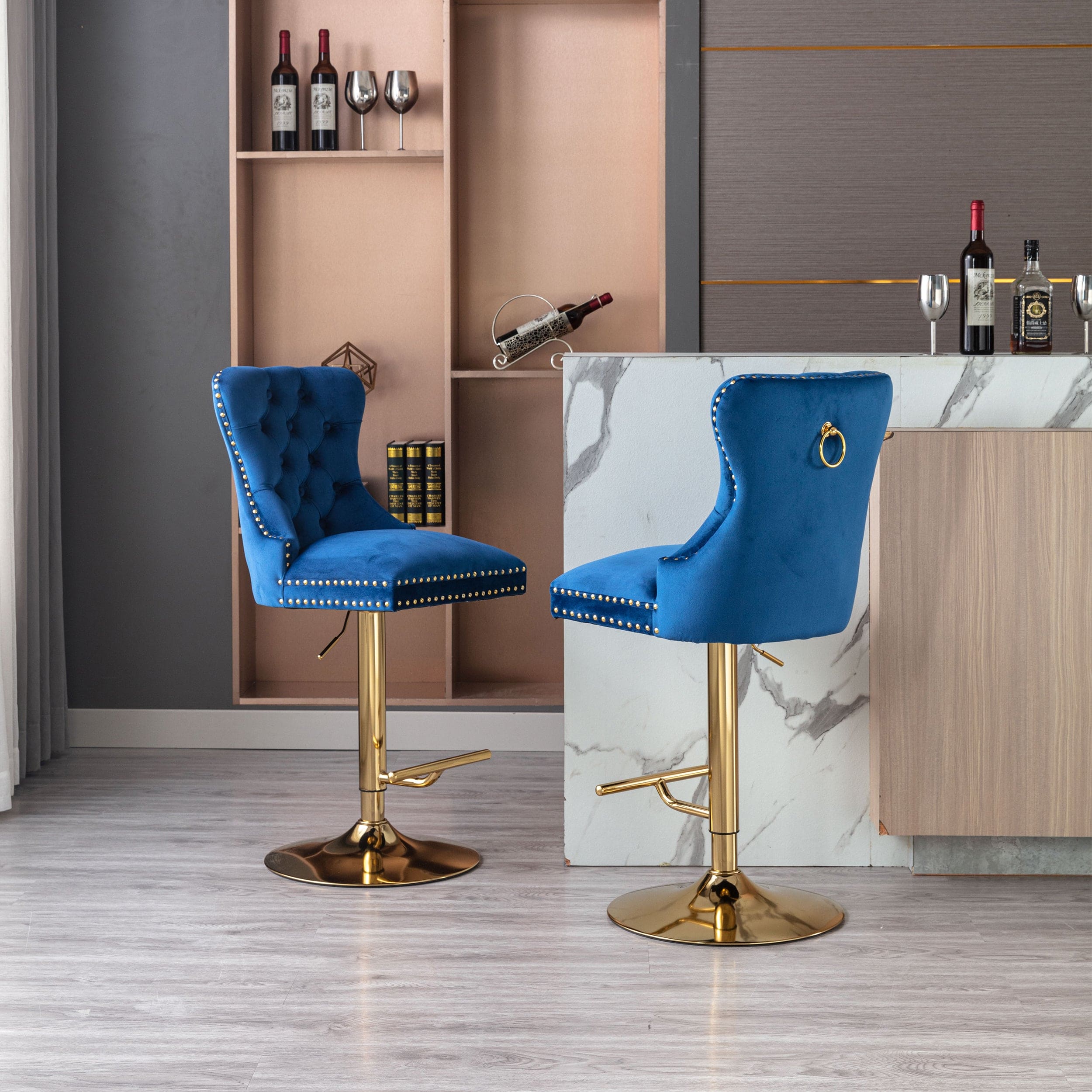 Swivel Bar Stools Chair Set of 2 Modern Adjustable Counter Height Bar Stools, Velvet Upholstered Stool with Tufted High Back & Ring Pull for Kitchen , Chrome Golden Base, Blue