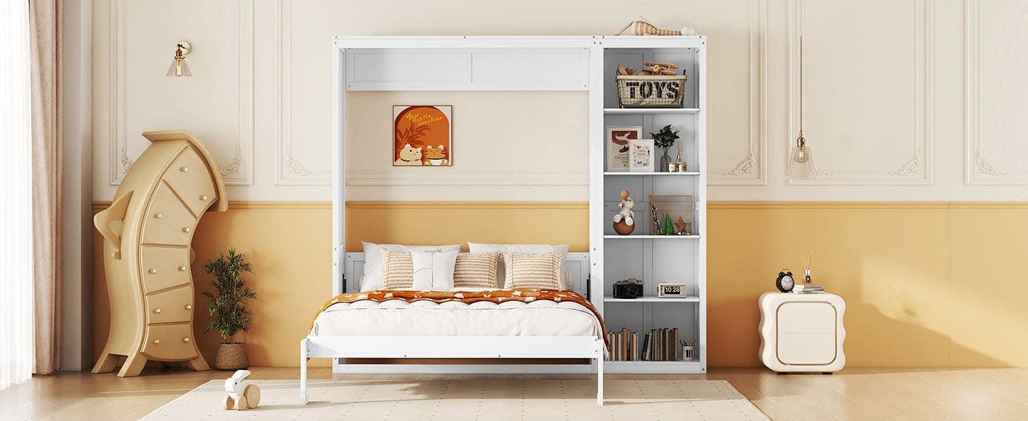 Full Size Murphy Bed Wall Bed with Shelves,White