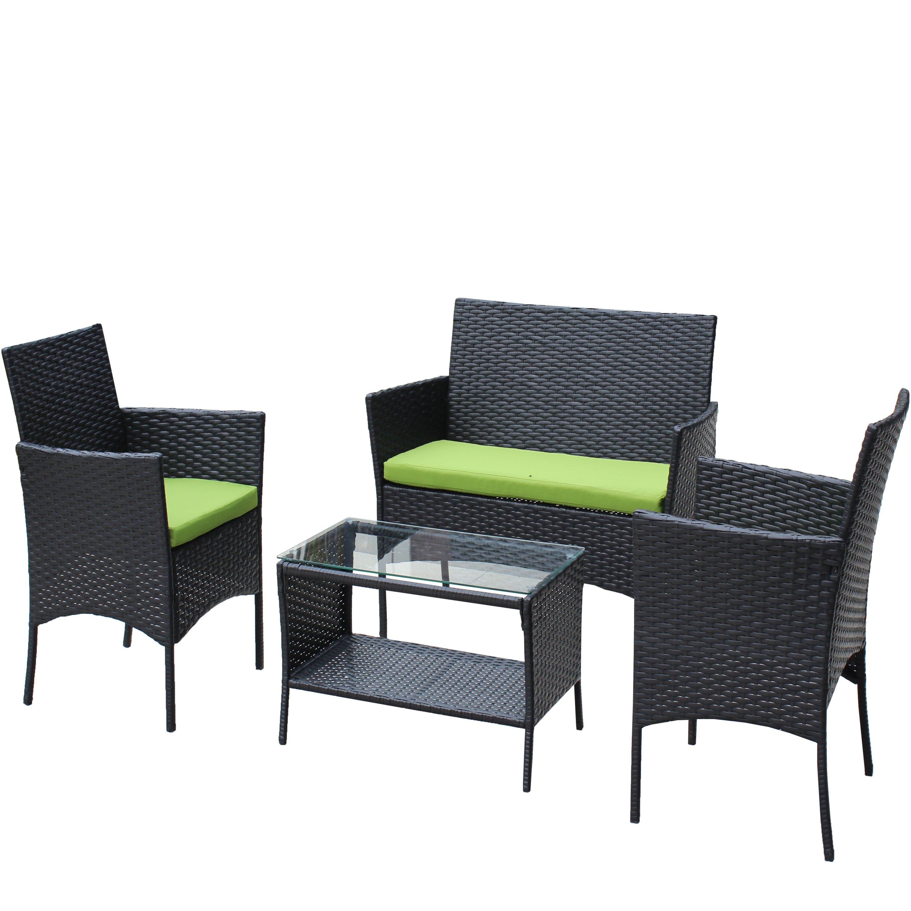 4 PC Rattan Patio Furniture Set Outdoor Patio Cushioned Seat Wicker Sofa (green Cushion)