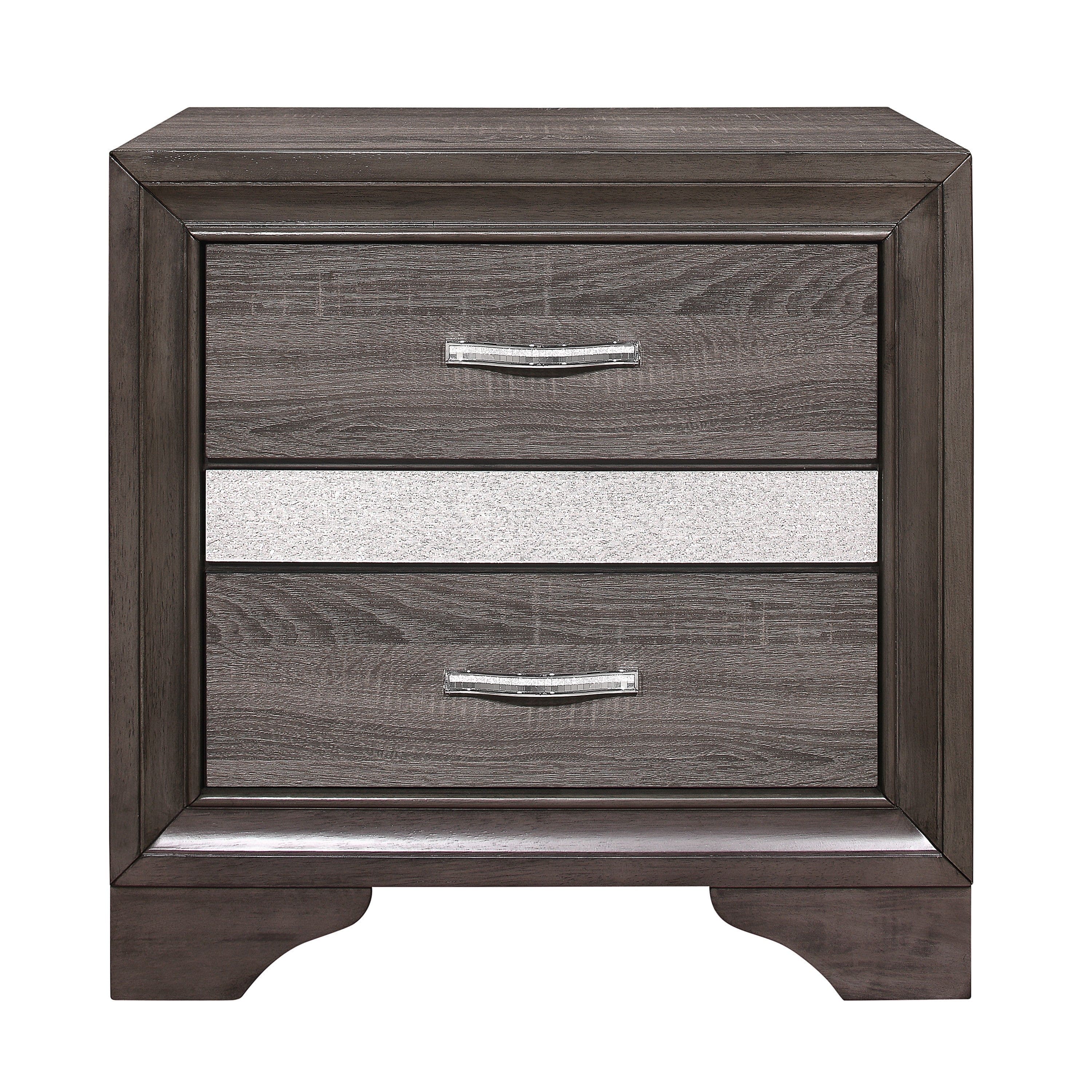 Glamorous Two-Tone Finish Nightstand Hidden Jewelry Drawer Polish Chrome Bar Bedroom Furniture