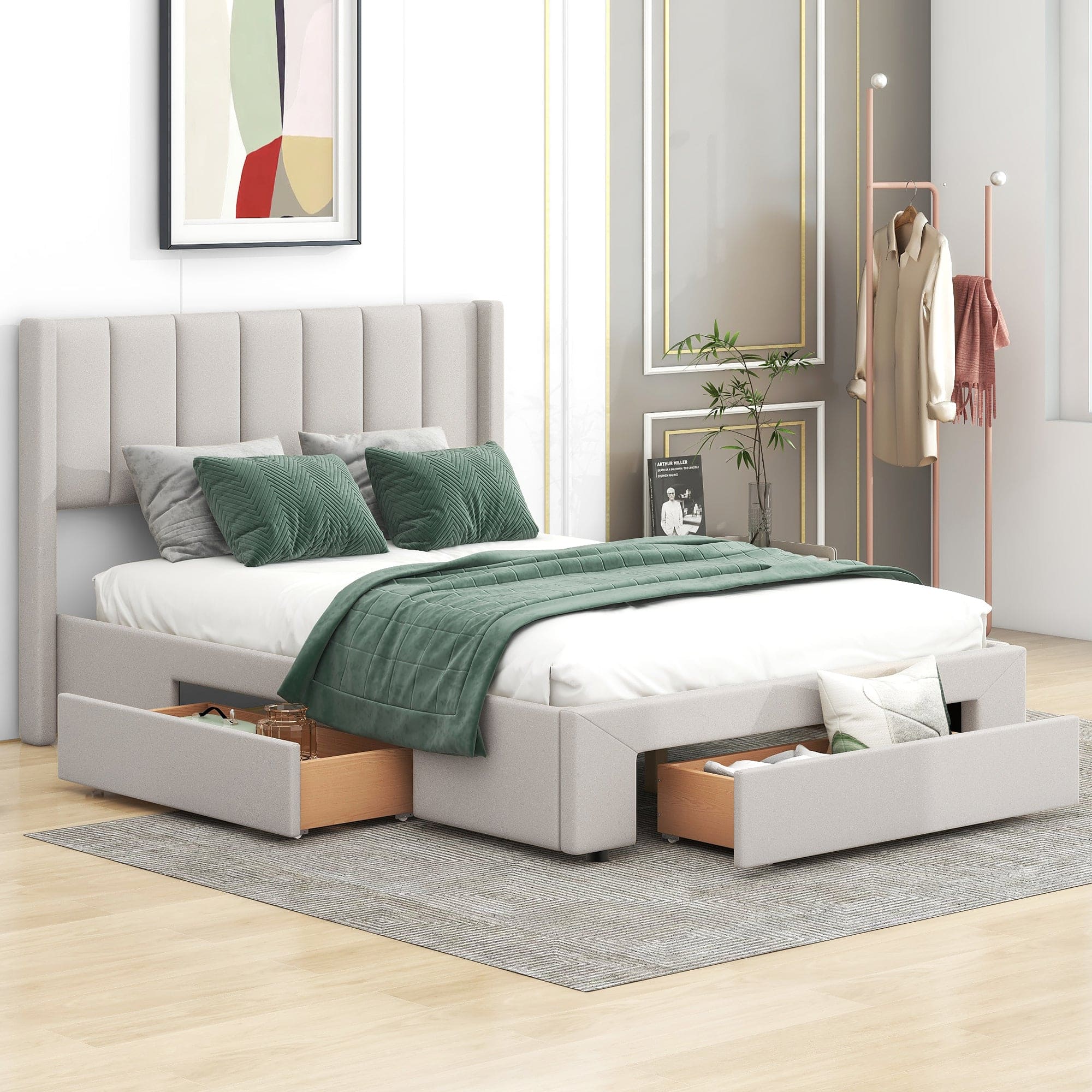 Full Size Upholstered Platform Bed with One Large Drawer in the Footboard and Drawer on Each Side,Beige