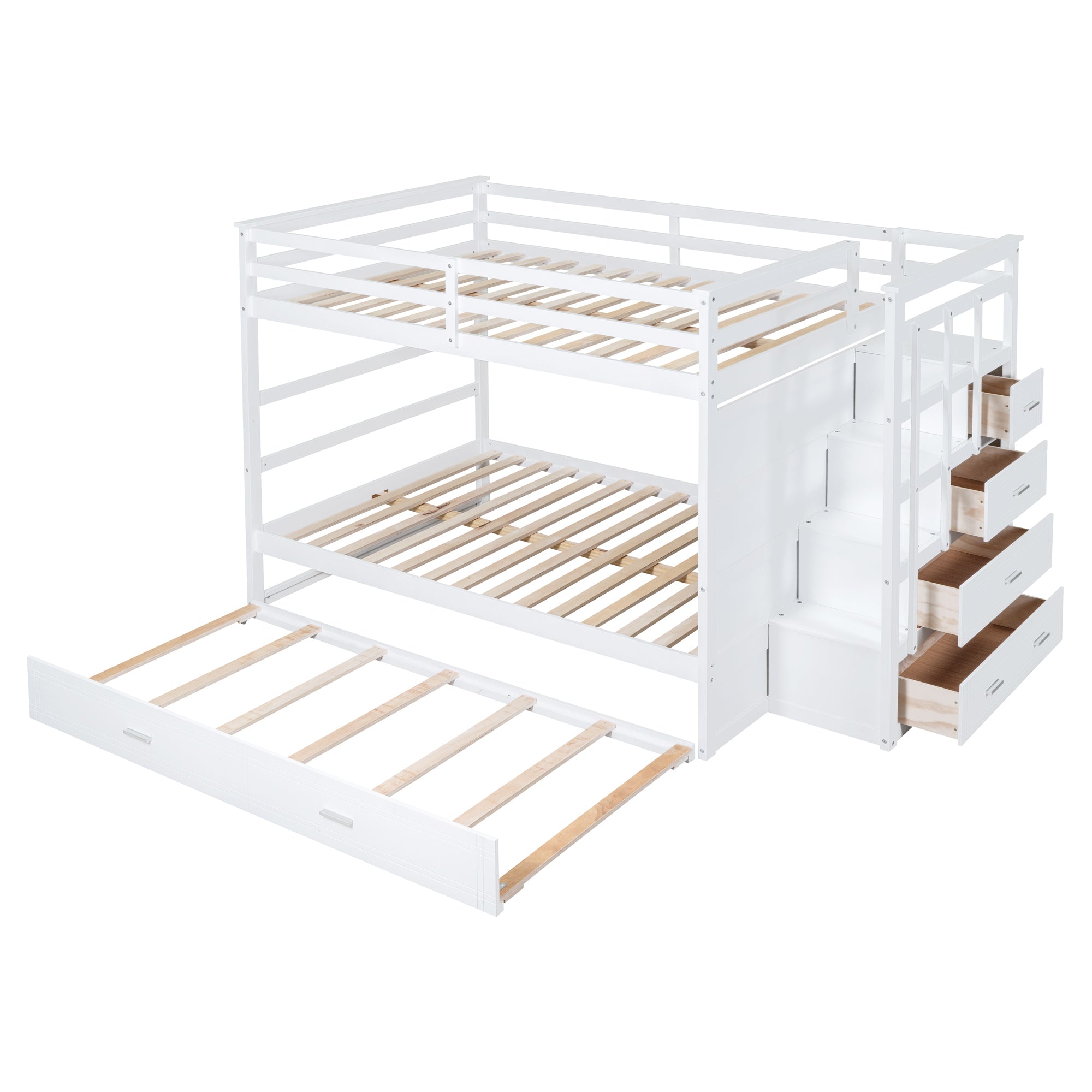 Full Over Full Bunk Bed with Twin Size Trundle and Staircase, White