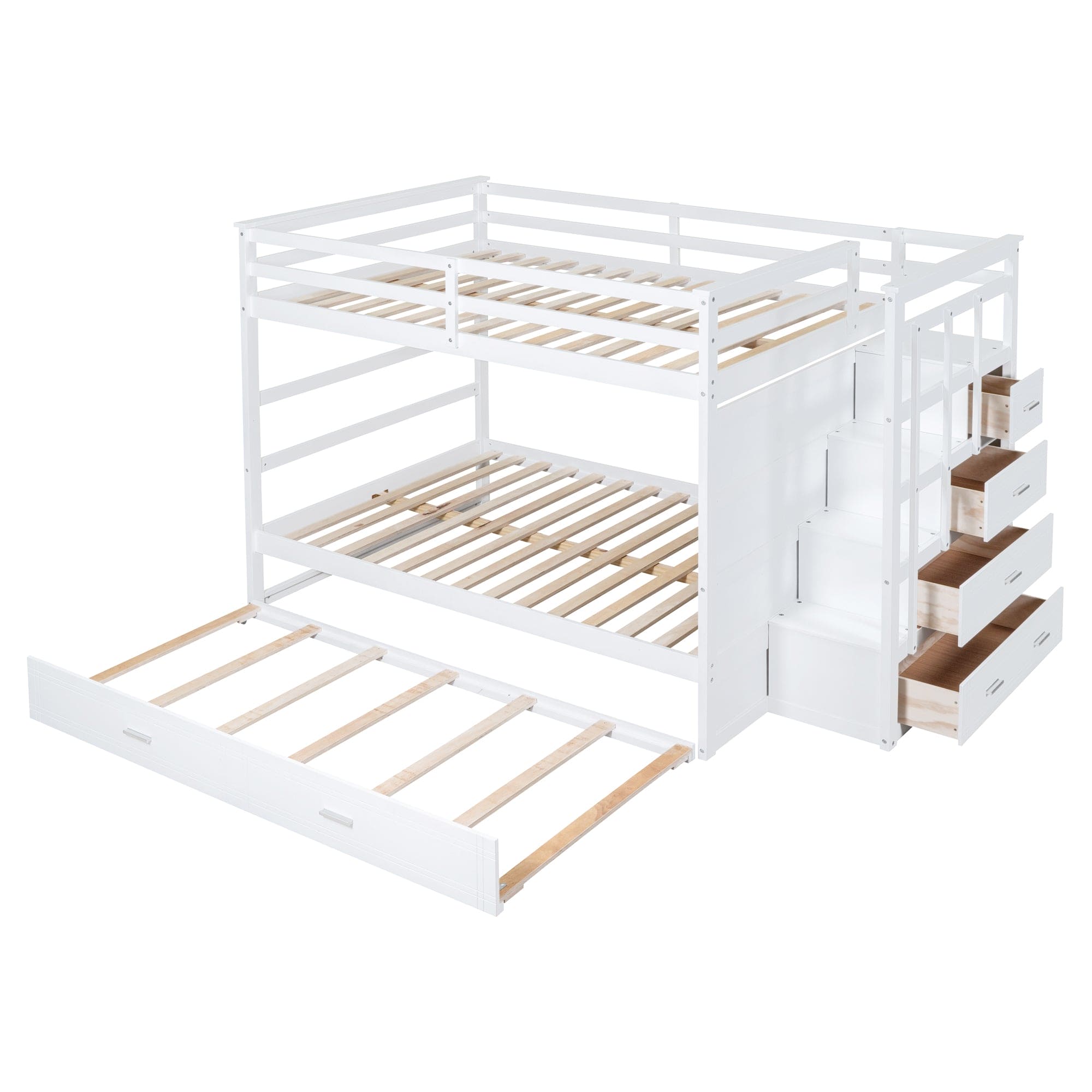 Full Over Full Bunk Bed with Twin Size Trundle and Staircase, White