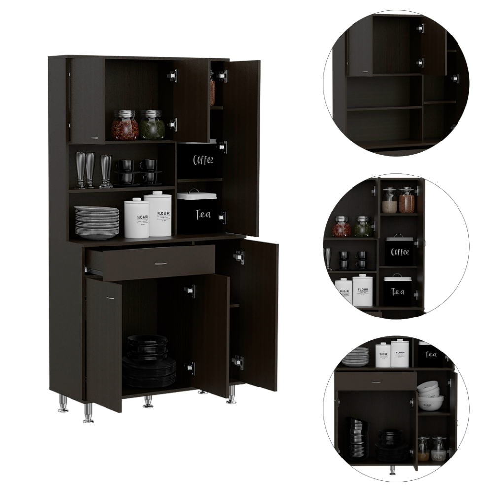 Della 90 Kitchen Pantry, One Drawer, Multiple Cabinets, Two Open Shelves -Black