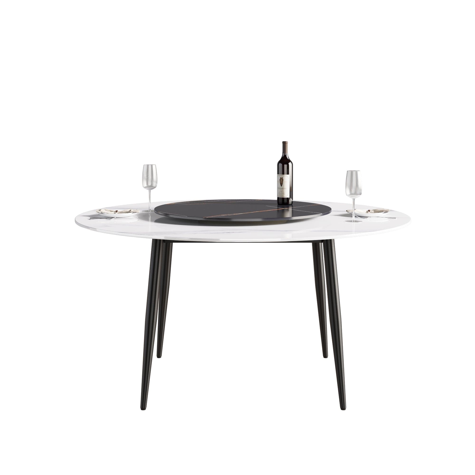 59.05"Modern artificial stone round black metal dining table-can accommodate 6 people-31.5"black artificial stone turntable