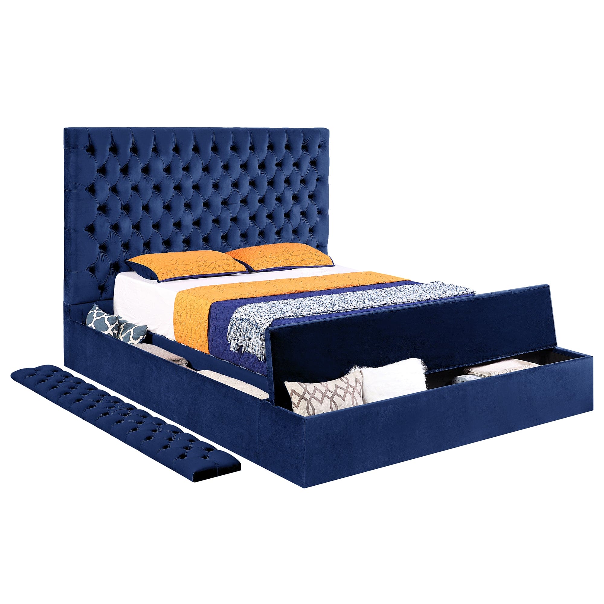 Contemporary Velvet Upholstered Bed with Storage Locker, Deep Button Tufting, Solid Wood Frame, High-density Foam, Queen Size