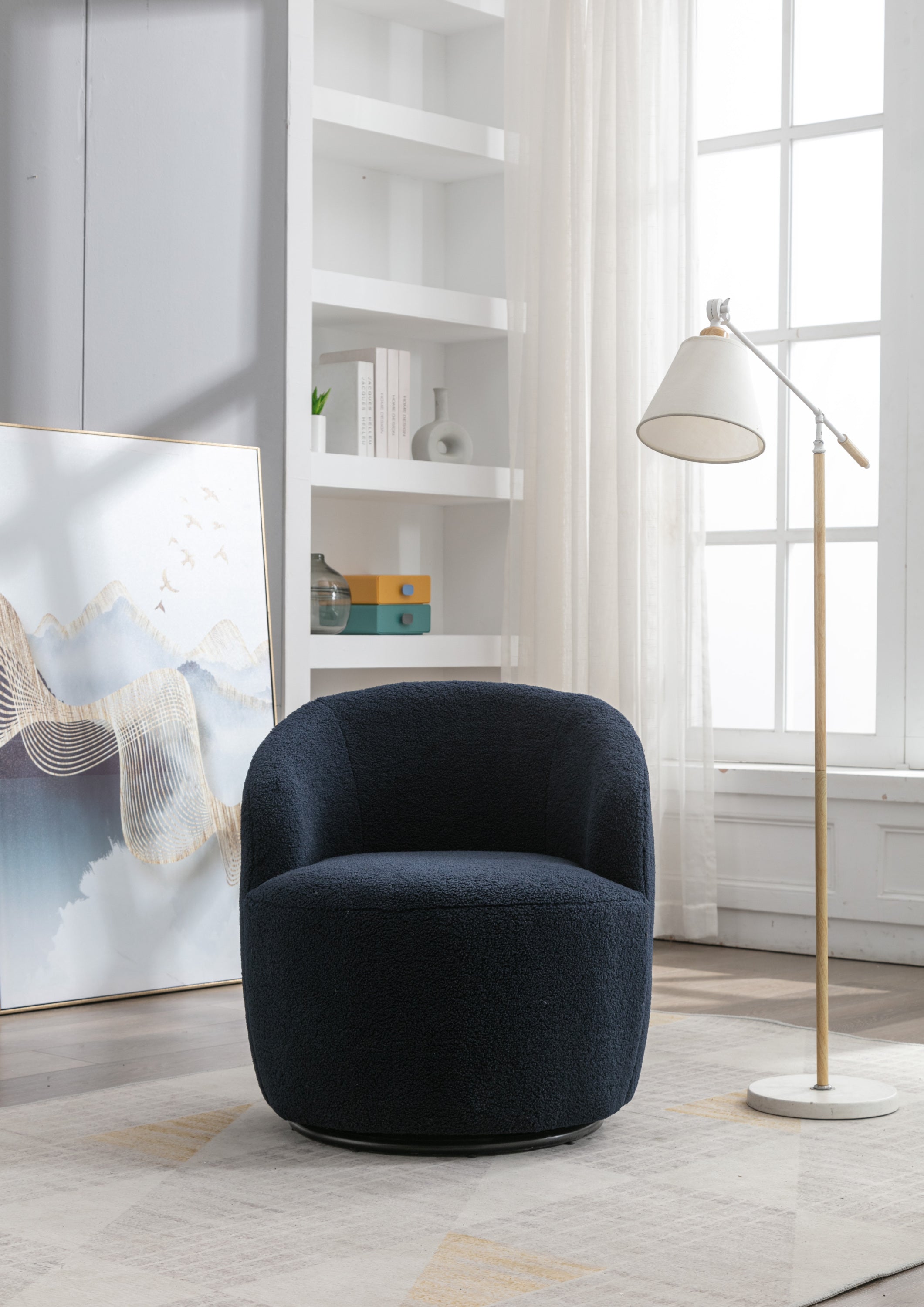 Teddy Fabric Swivel Accent Armchair Barrel Chair With Black Powder Coating Metal Ring,Dark Blue