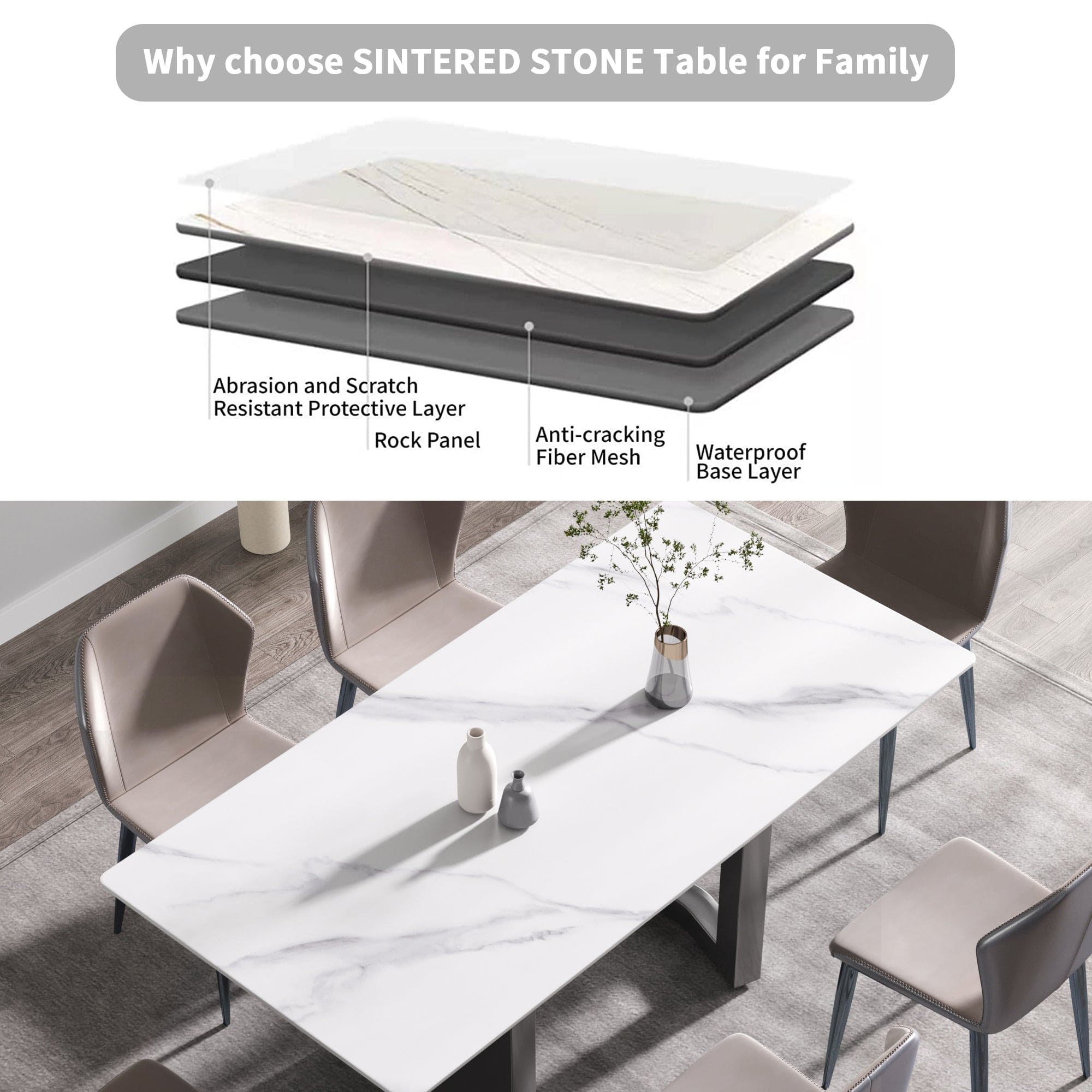 70.87" modern artificial stone white straight edge black metal leg dining table-can accommodate 6-8 people