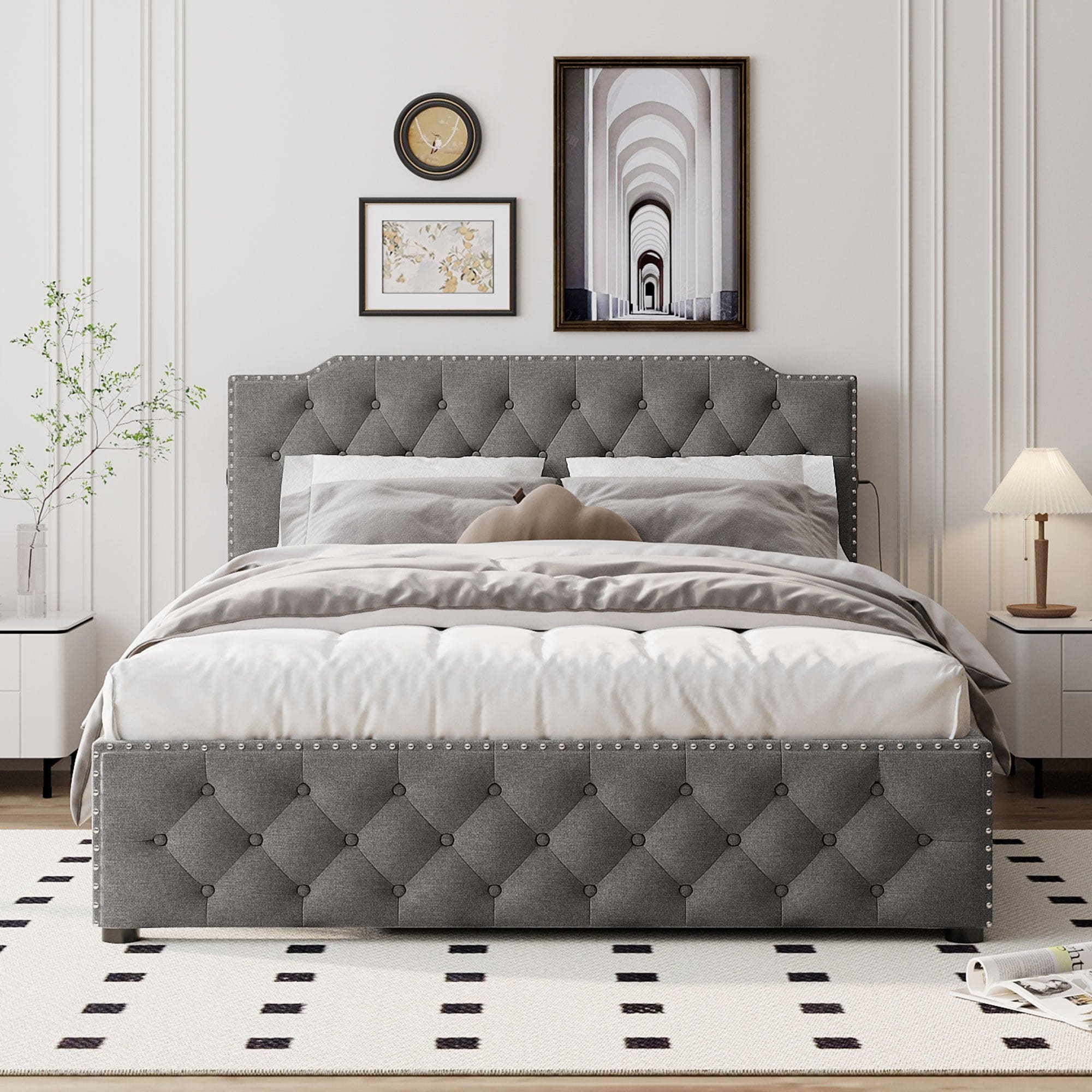 Queen Size Upholstered Platform Bed with Twin Size Trundle and 2 sets of USB Ports on each side, Linen Fabric, Gray