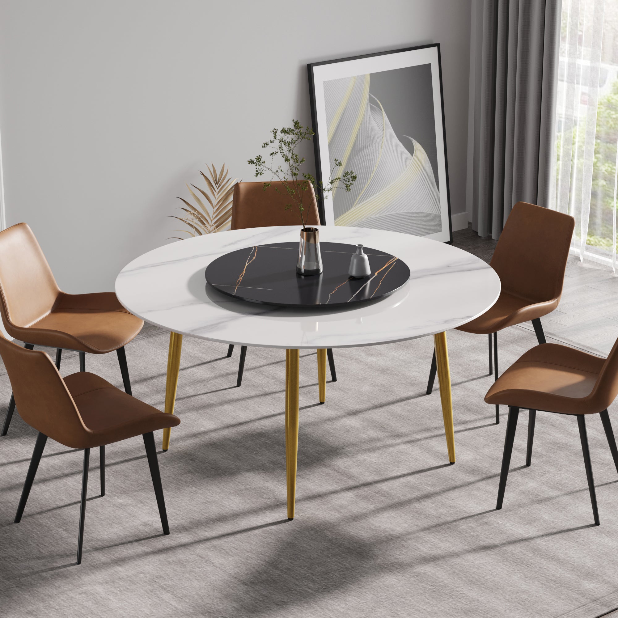 59.05"Modern artificial stone round golden metal dining table-can accommodate 6 people-31.5"black artificial stone turntable