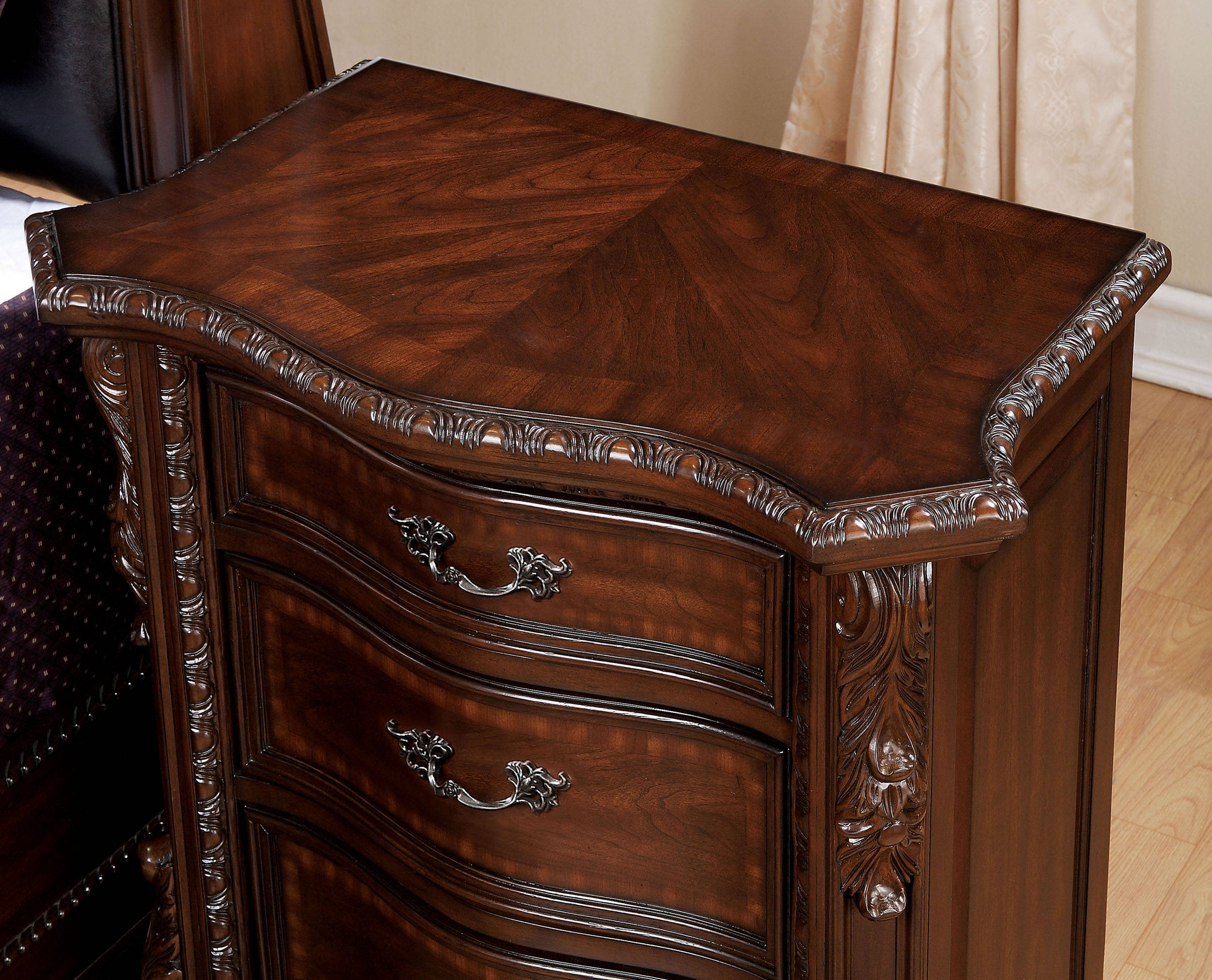 Formal Traditional 1pc Nightstand Only Brown Cherry Solid wood 3-Drawers Intricate Accents Glides Bronze Hanging Pulls Bedroom Furniture