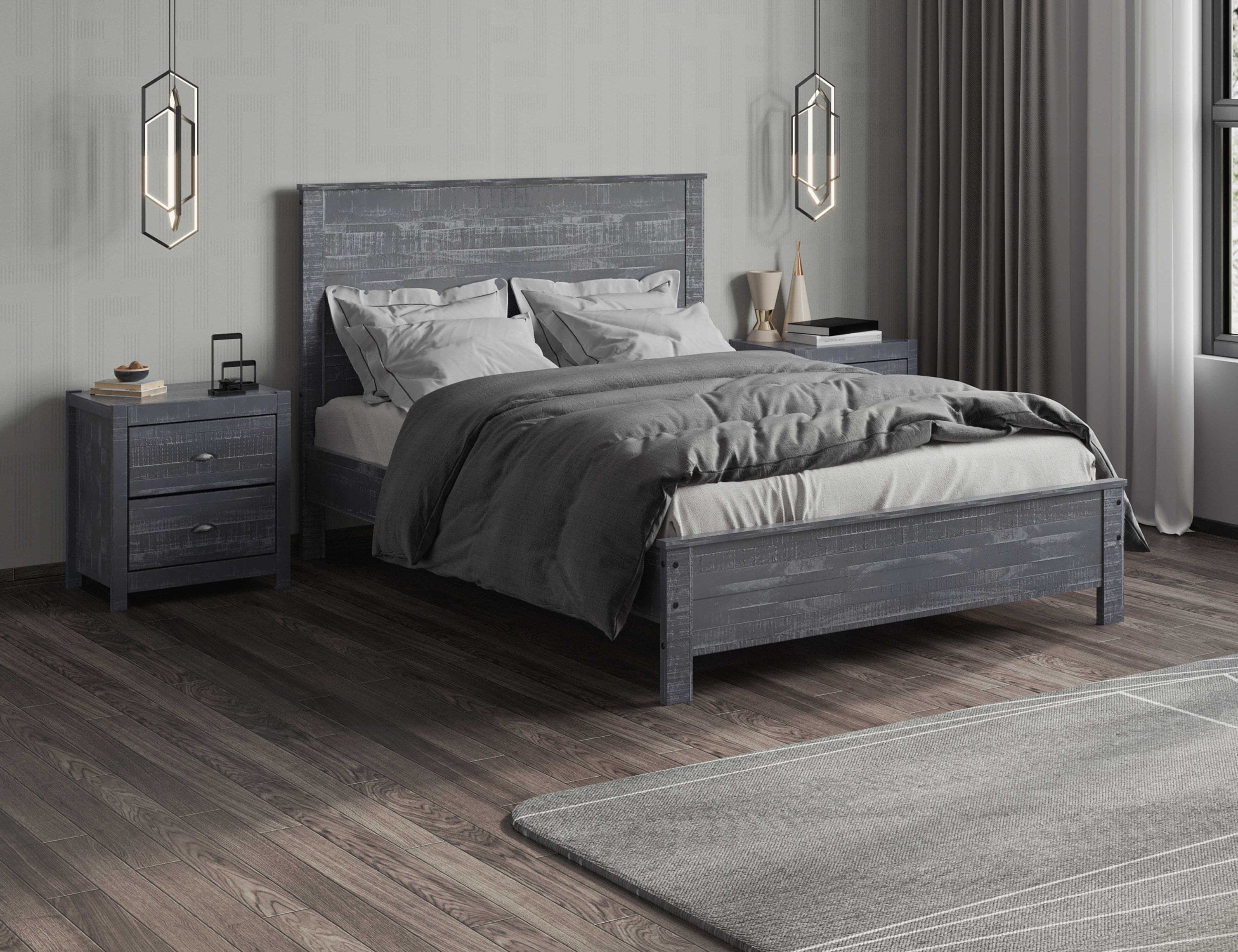 Yes4wood Albany Solid Wood Grey Bed, Modern Rustic Wooden Queen Size Bed Frame Box Spring Needed