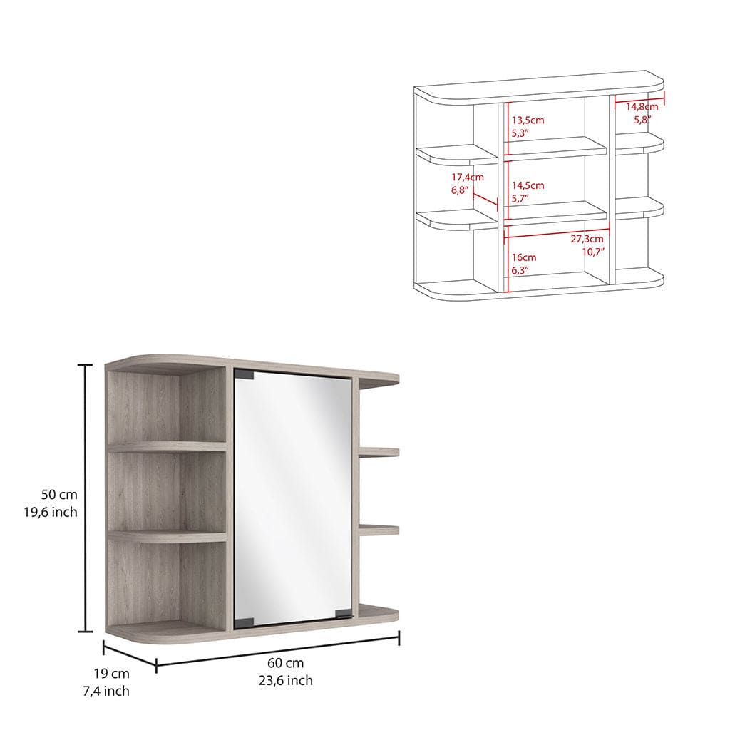 Medicine Cabinet Milano, Six External Shelves Mirror, Light Gray Finish