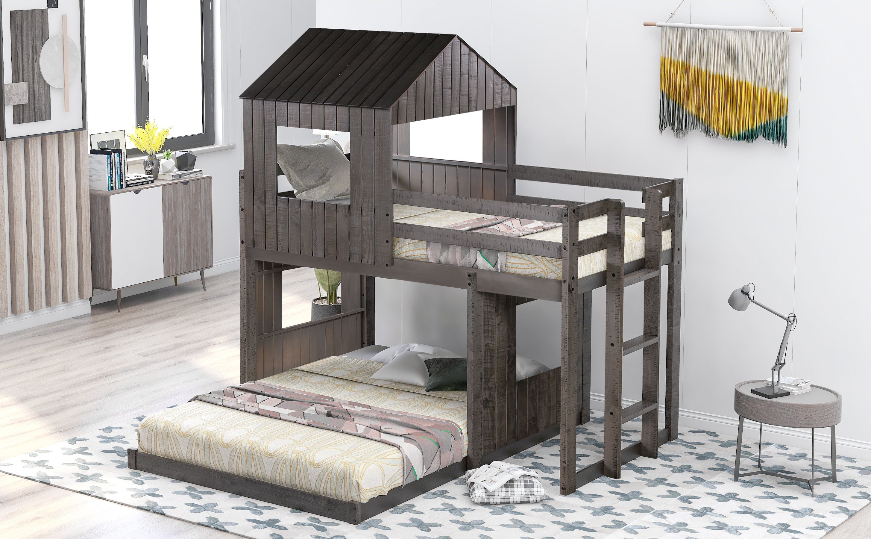 Wooden Twin Over Full Bunk Bed, Loft Bed with Playhouse, Farmhouse, Ladder and Guardrails , Antique Gray( old sku: LT000027AAE )