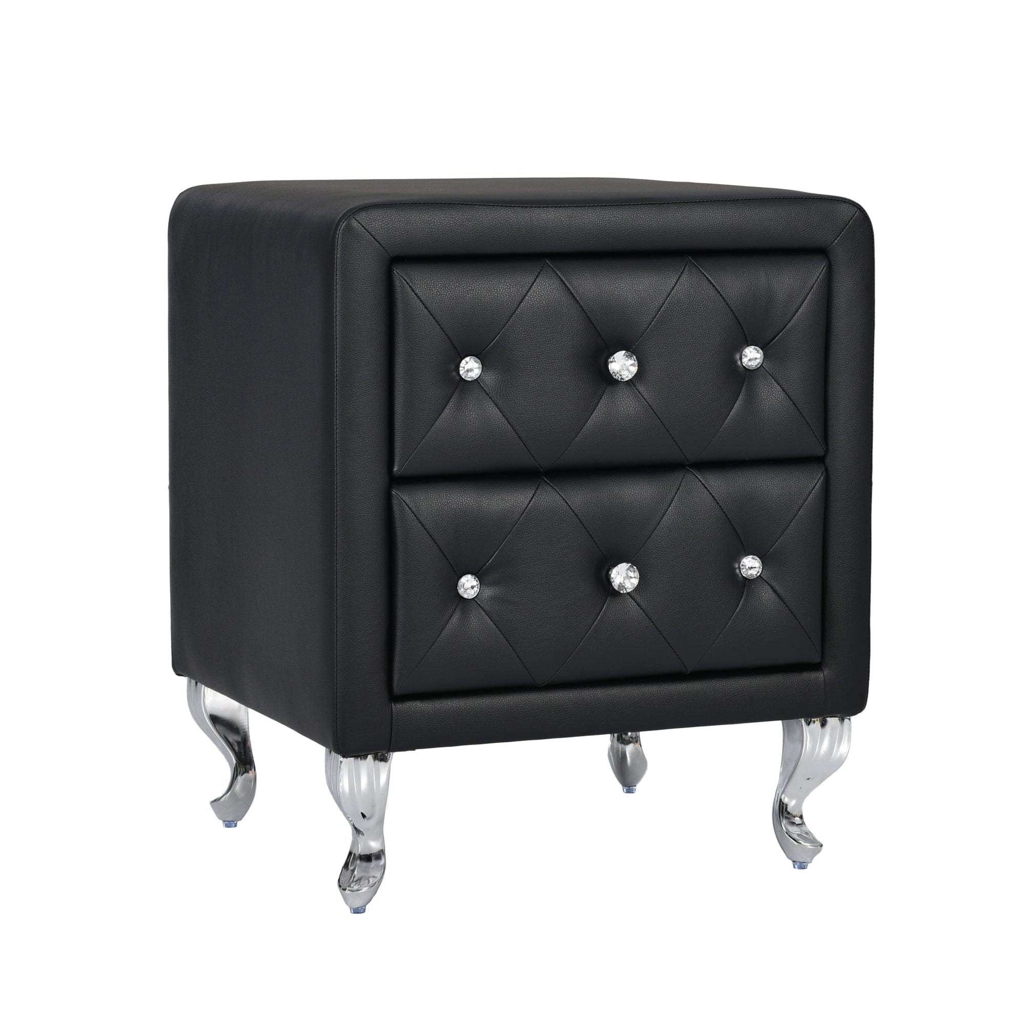 Elegant PU Nightstand with 2 Drawers and Crystal Handle,Fully Assembled Except Legs&Handles,Storage Bedside Table with Metal Legs - Black