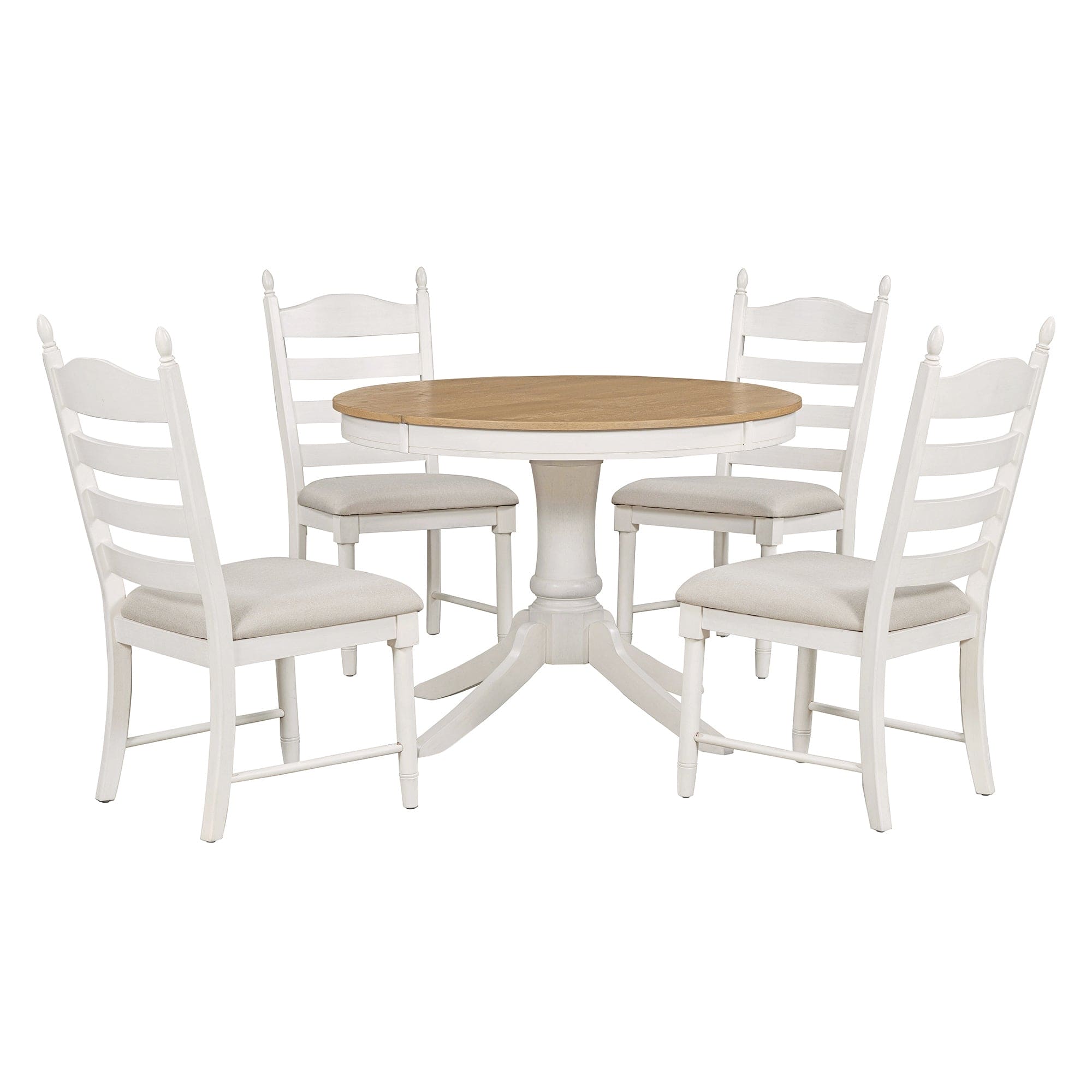 TREXM 5-Piece Retro Functional Dining Table Set Wood Round Extendable Dining Table and 4 Upholstered Dining Chairs (Off White)