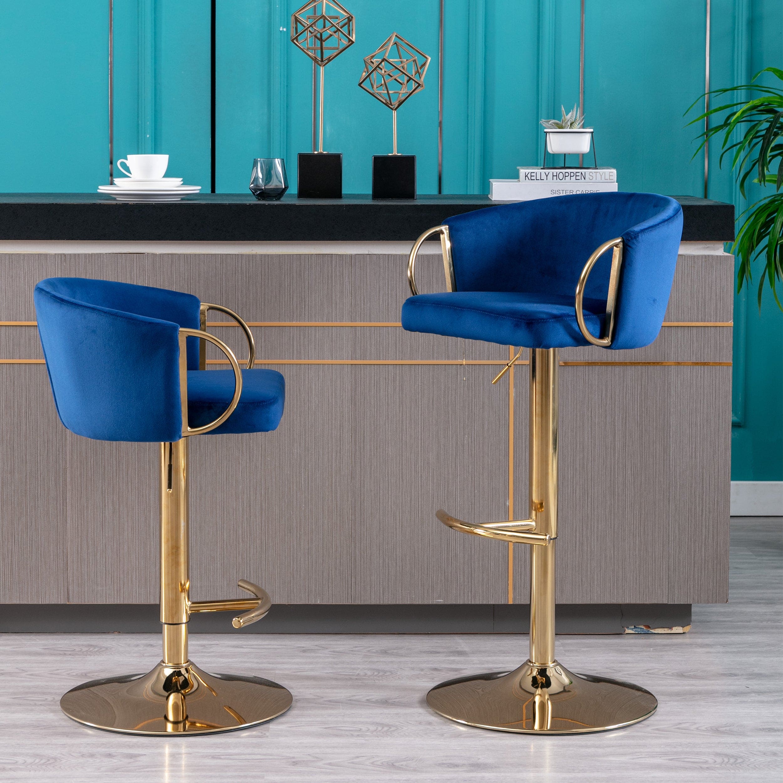 Set of 2  Bar Stools,with Chrome Footrest and Base Swivel Height Adjustable Mechanical Lifting Velvet + Golden Leg Simple Bar Stool-Navy