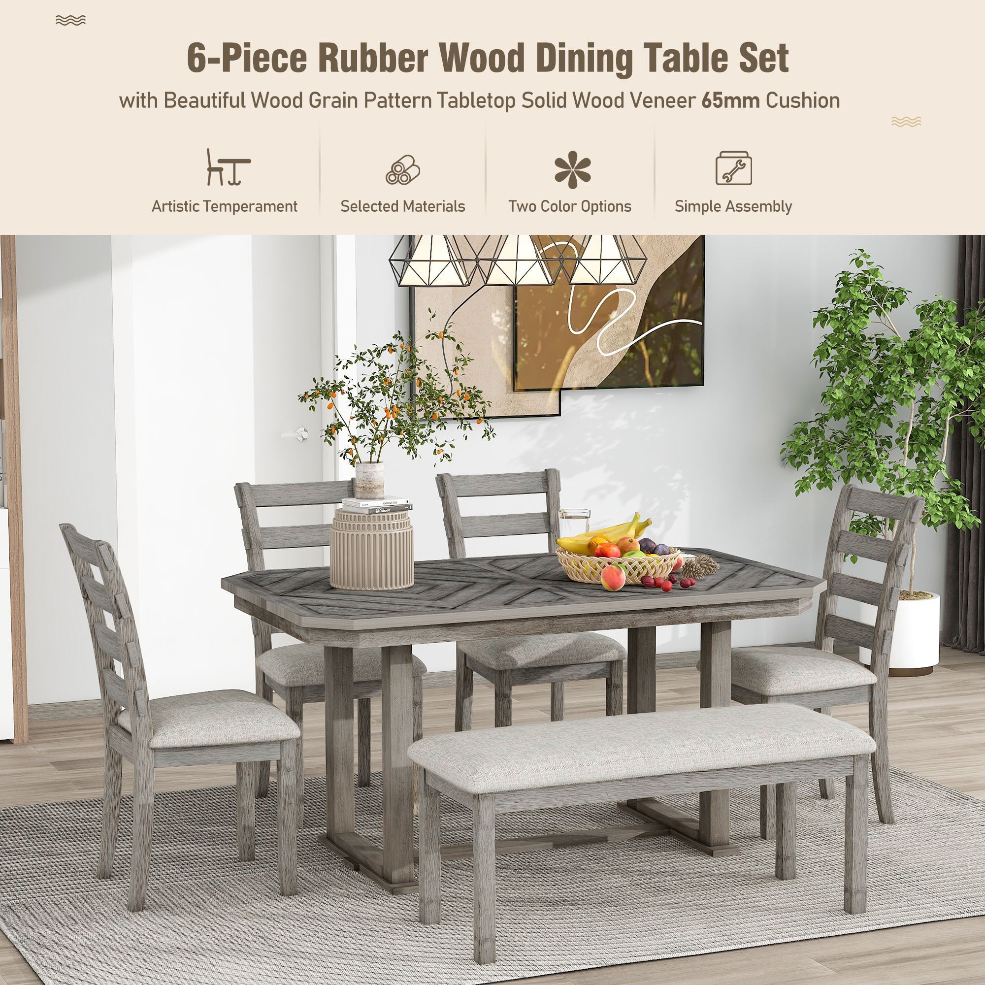 TREXM 6-Piece Rubber Wood Dining Table Set with Beautiful Wood Grain Pattern Tabletop Solid Wood Veneer and Soft Cushion (Gray)