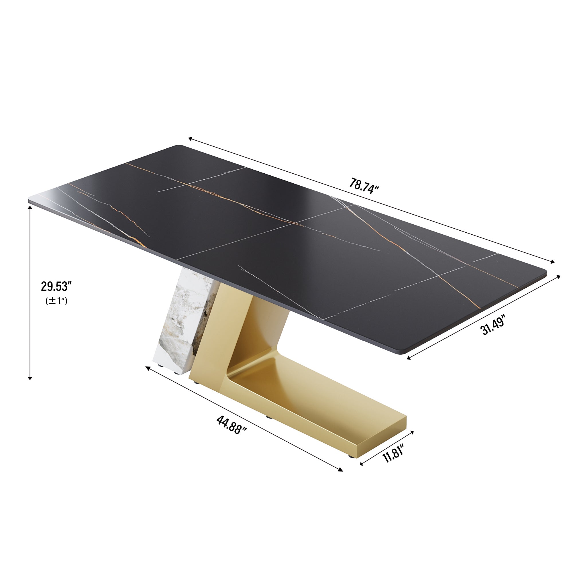 78.74"modern artificial stone black straight panel, golden+white metal legs-can accommodate 8 people.(Not including chairs)