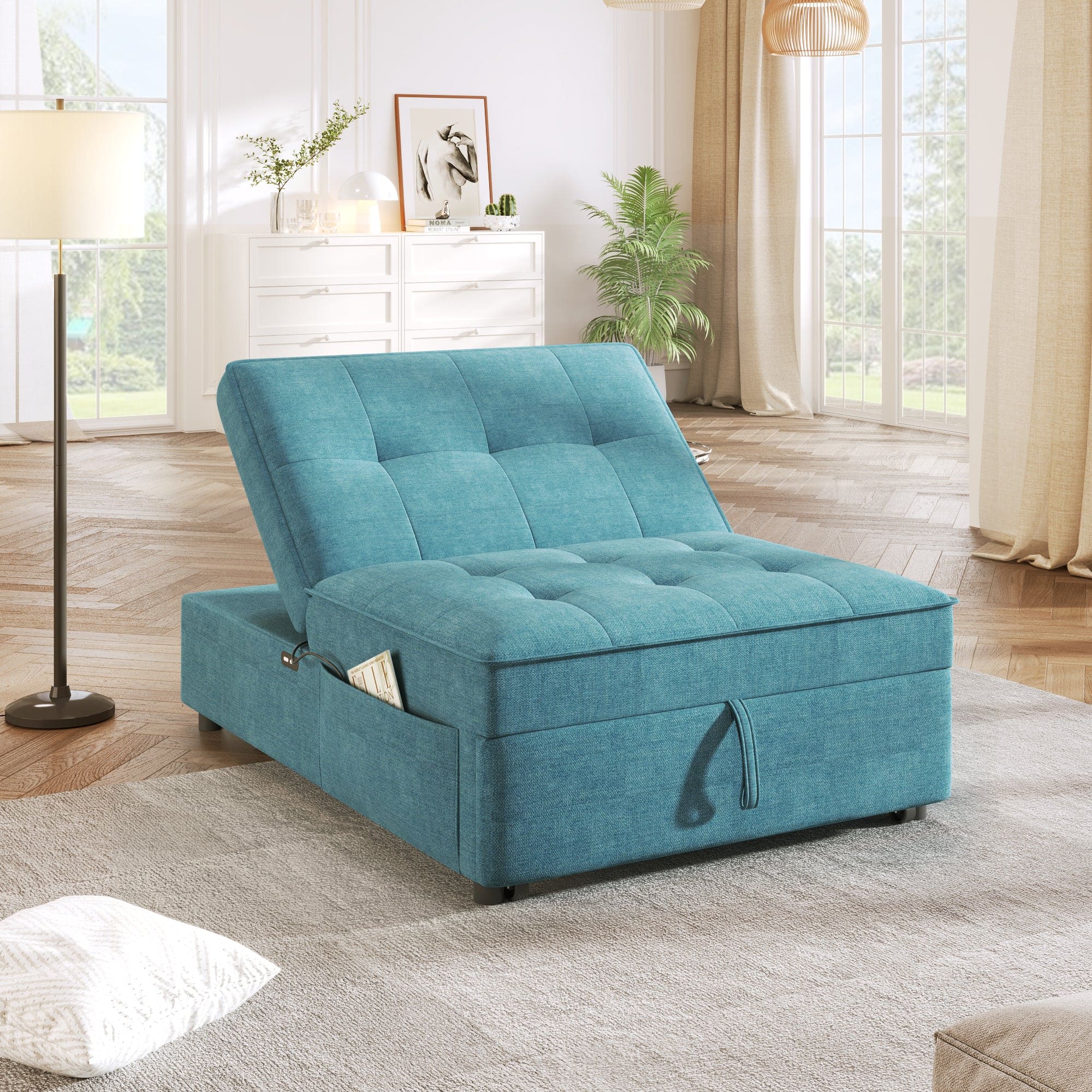 4-in-1 Sofa Bed, Chair Bed, Multi-Function Folding Ottoman Bed with Storage Pocket and USB Port for Small Room Apartment,Living Room,Bedroom,Hallway, Teal