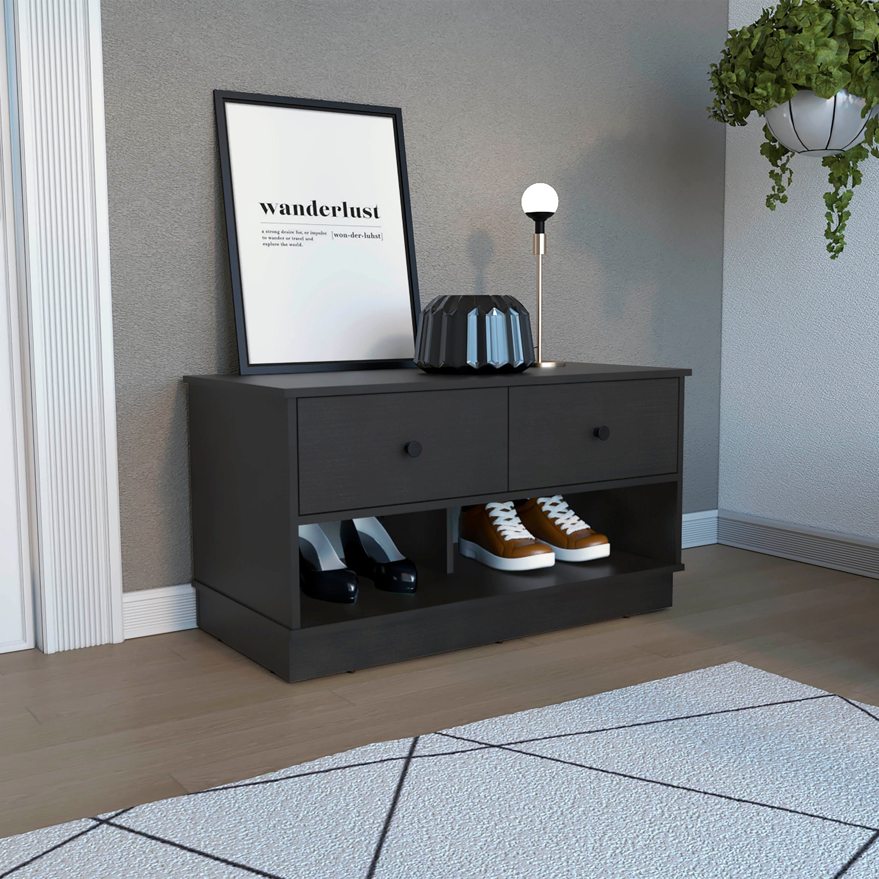 Storage Bench Beji, Lower Shelf, Two Drawers, Black Wengue Finish