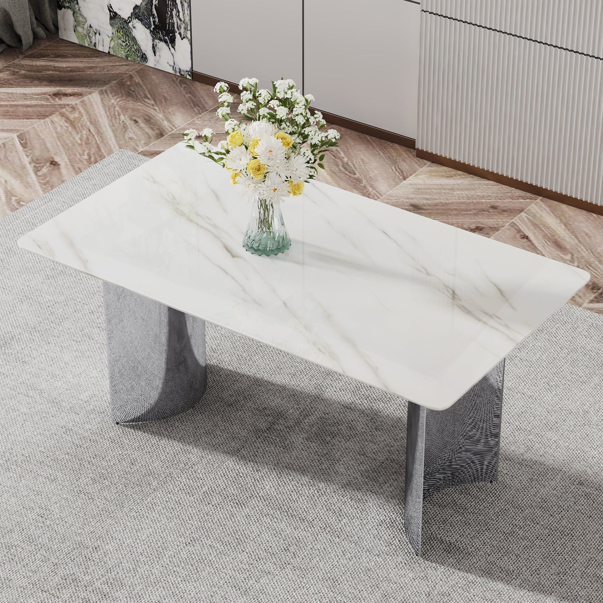 Modern minimalist dining table. White imitation marble glass sticker desktop, stainless steel legs, stable and beautiful. Suitable for living room and dining room  63" *35.4" *29.5"   DT-69