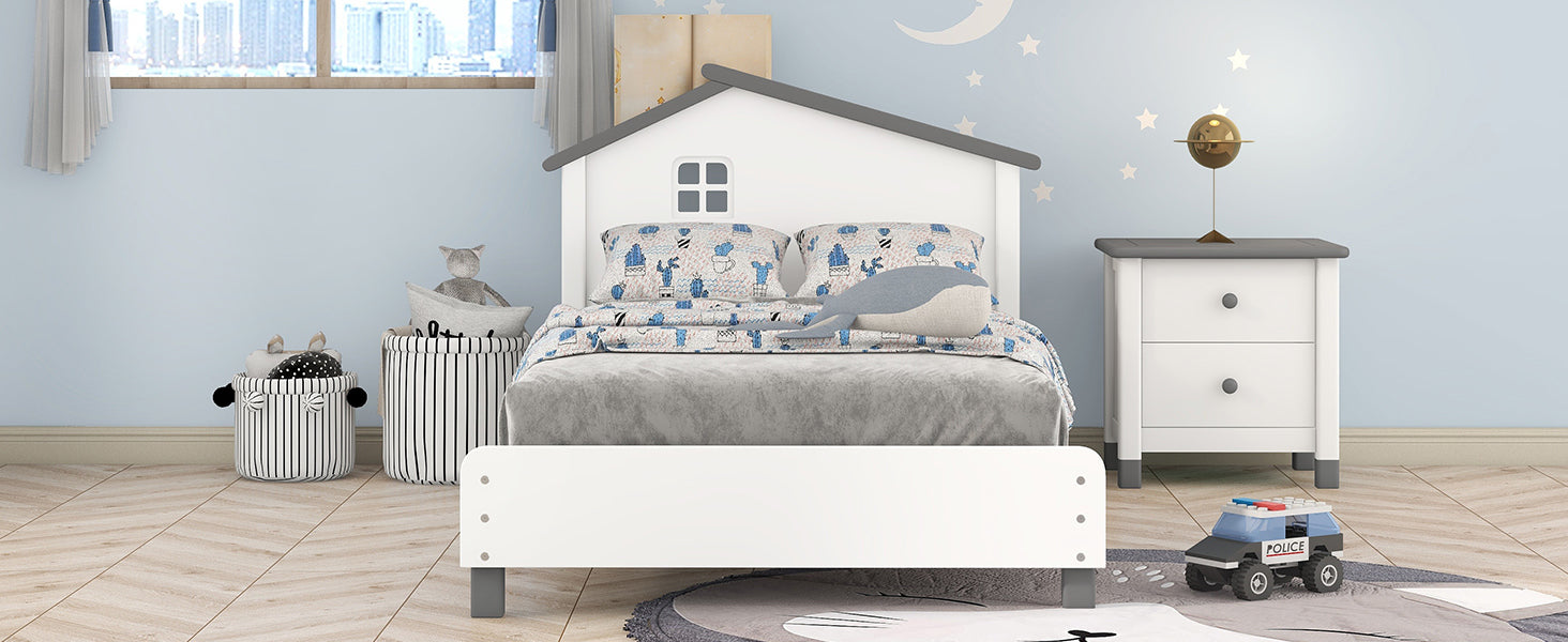 Twin Size Wood Platform Bed with House-shaped Headboard  (White+Gray)