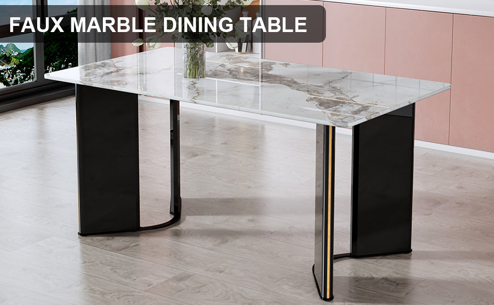 Modern minimalist rectangular dining table, white imitation marble tabletop, MDF table legs with gold metal decorative strips. Suitable for restaurant and living room   F-HH