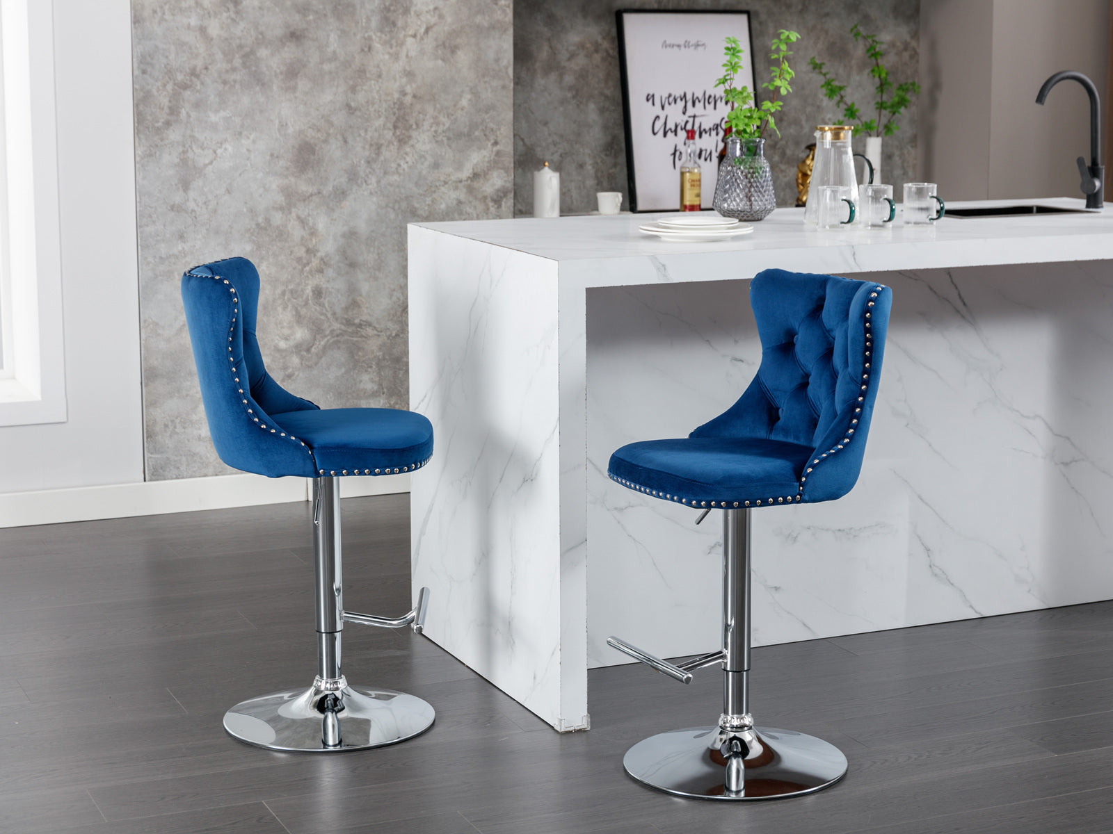 A&A Furniture,Swivel Velvet Barstools Blue,Set of 2