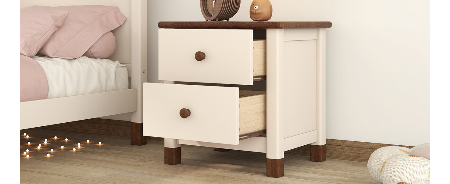 Wooden Nightstand with Two Drawers for Kids,End Table for Bedroom,Cream+Walnut