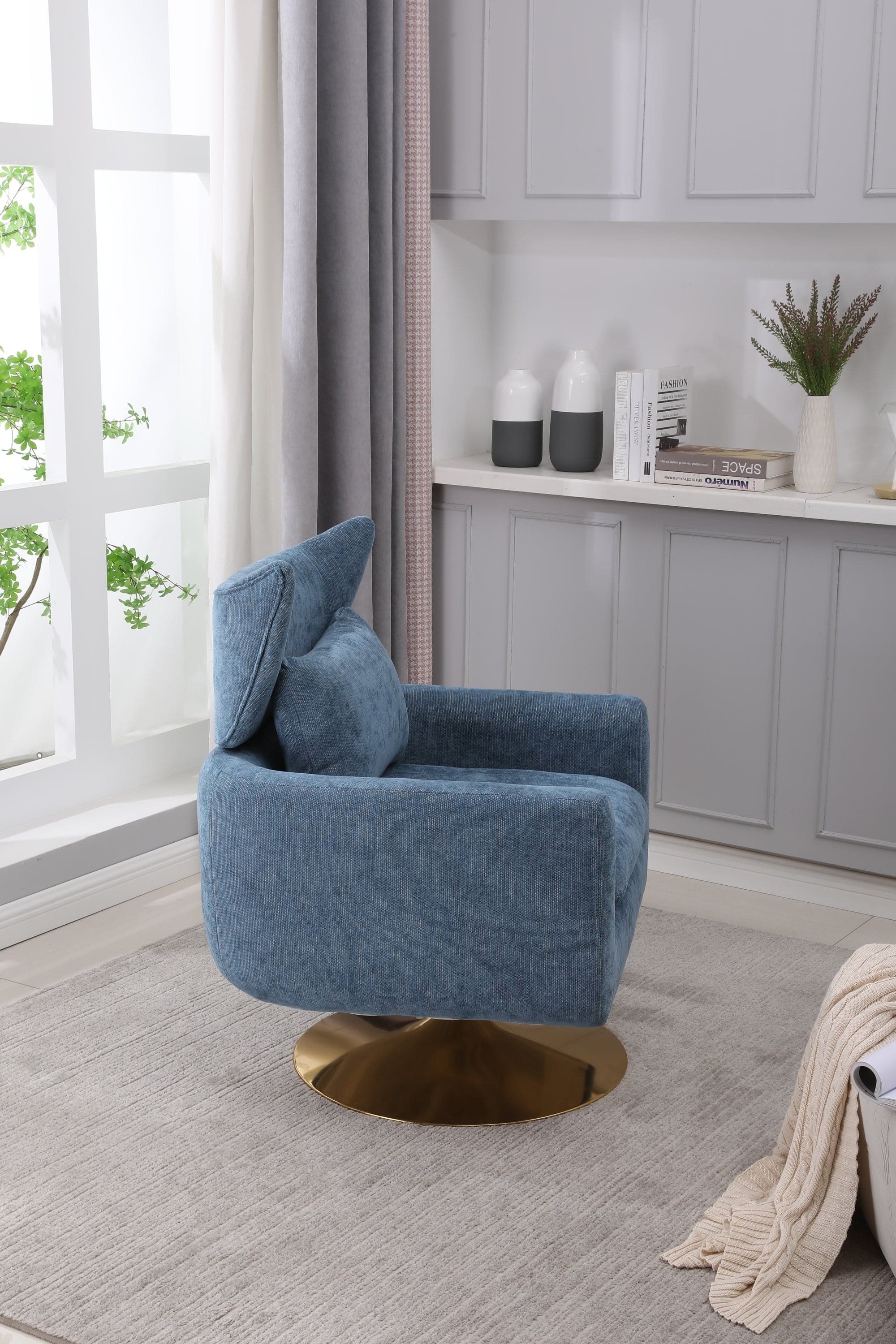 Classic Mid-Century 360-degree Swivel  Accent Chair, Blue Linen